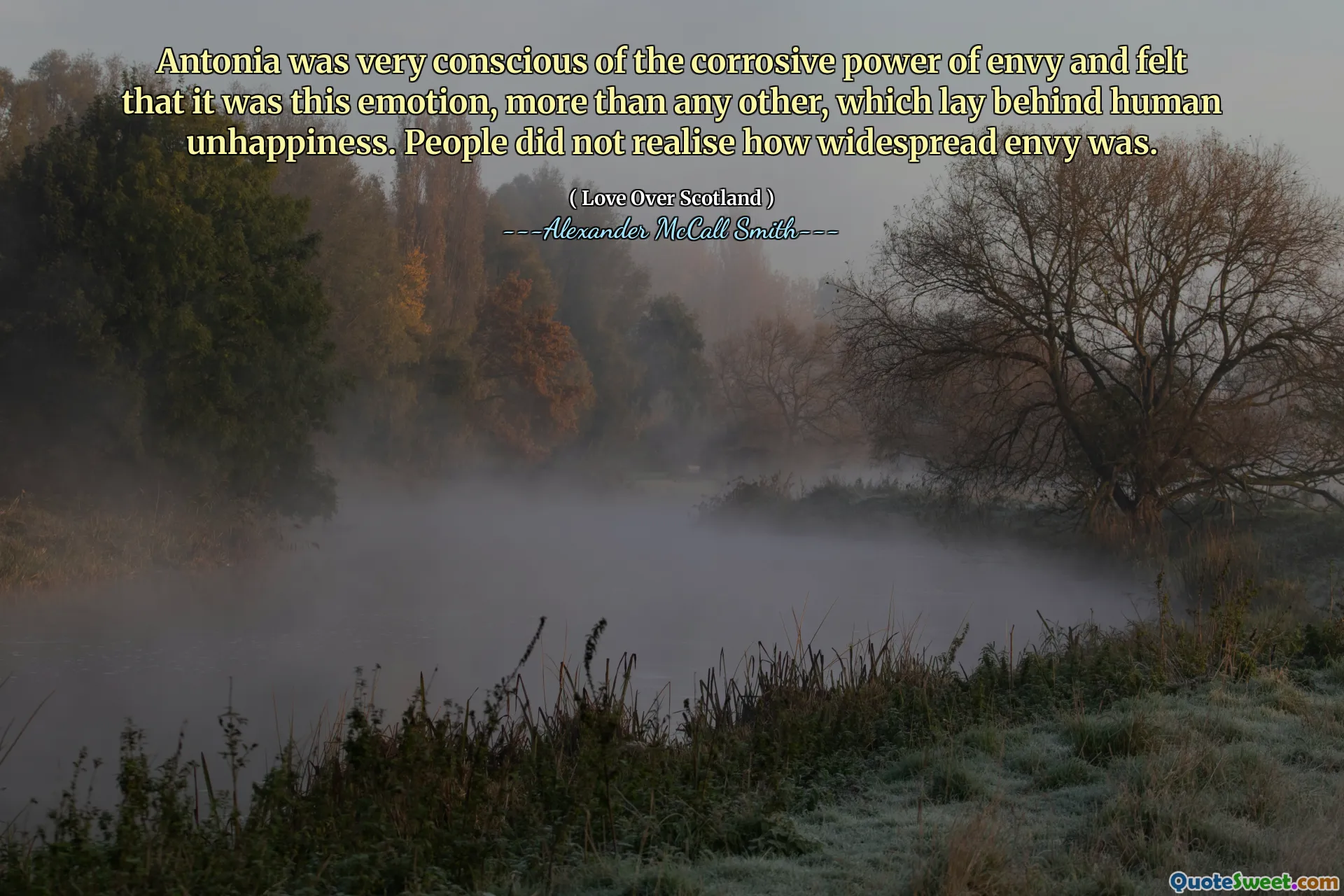 Antonia was very conscious of the corrosive power of envy and felt that it was this emotion, more than any other, which lay behind human unhappiness. People did not realise how widespread envy was.