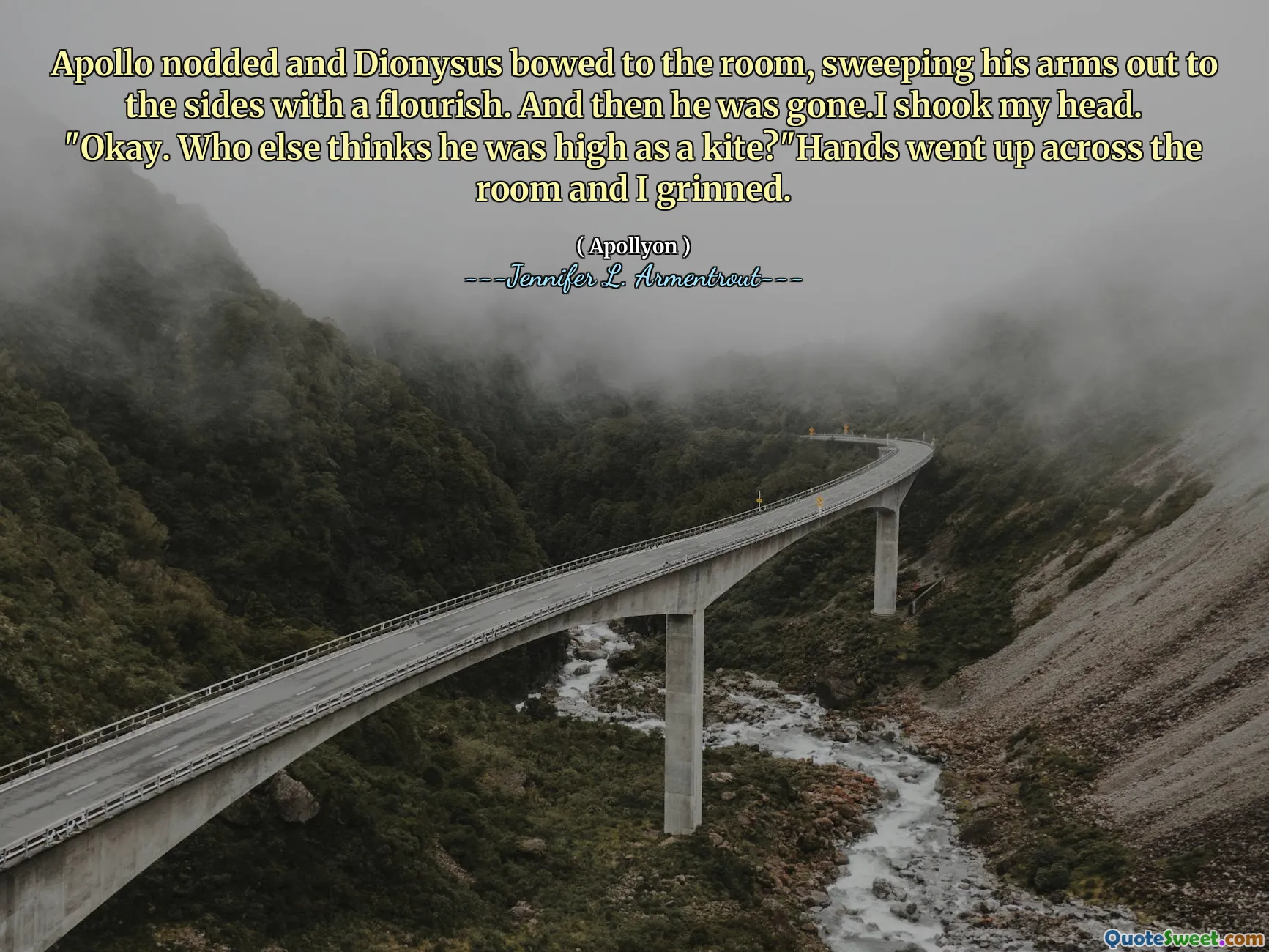 Apollo nodded and Dionysus bowed to the room, sweeping his arms out to the sides with a flourish. And then he was gone.I shook my head. "Okay. Who else thinks he was high as a kite?"Hands went up across the room and I grinned.