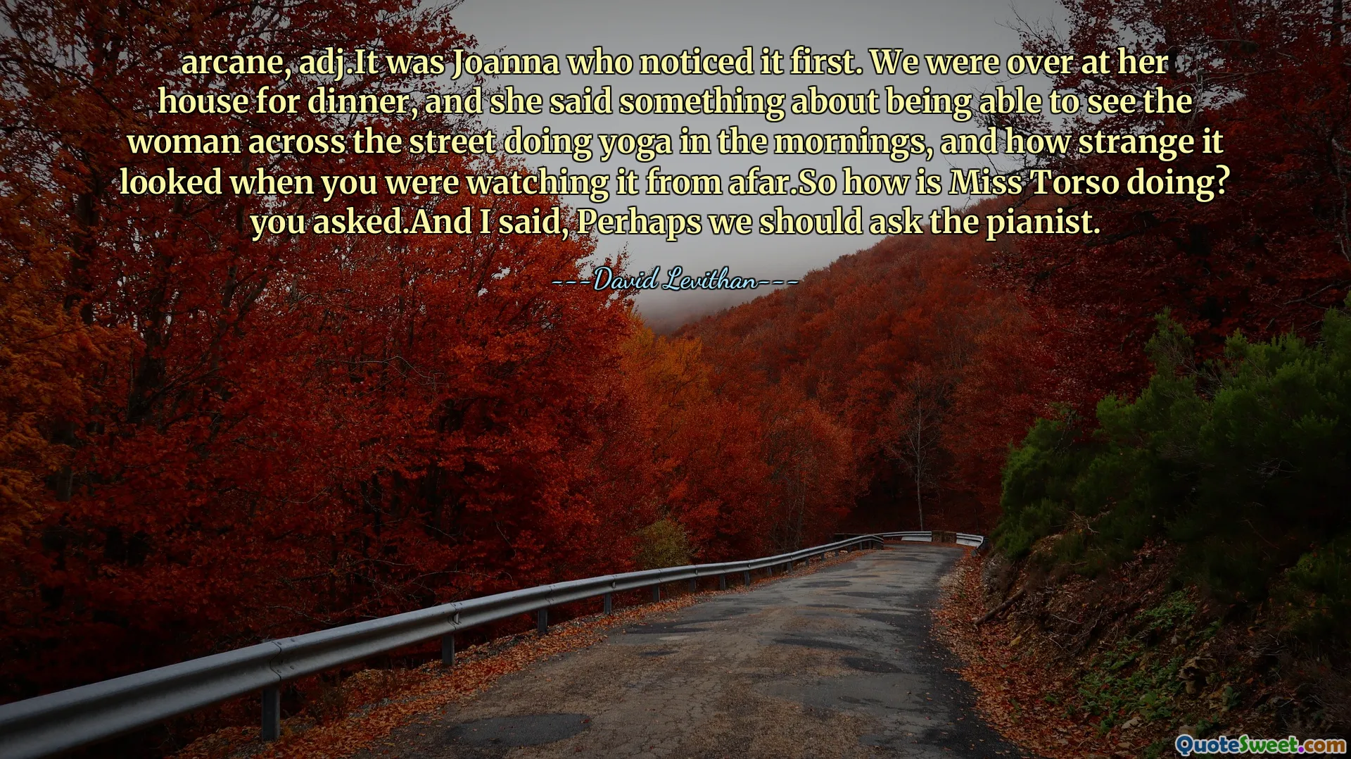 arcane, adj.It was Joanna who noticed it first. We were over at her house for dinner, and she said something about being able to see the woman across the street doing yoga in the mornings, and how strange it looked when you were watching it from afar.So how is Miss Torso doing? you asked.And I said, Perhaps we should ask the pianist.