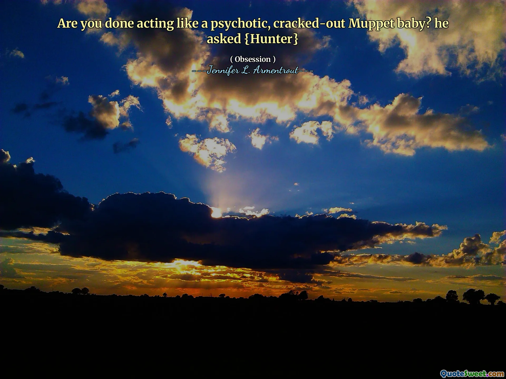 Are you done acting like a psychotic, cracked-out Muppet baby? he asked {Hunter}