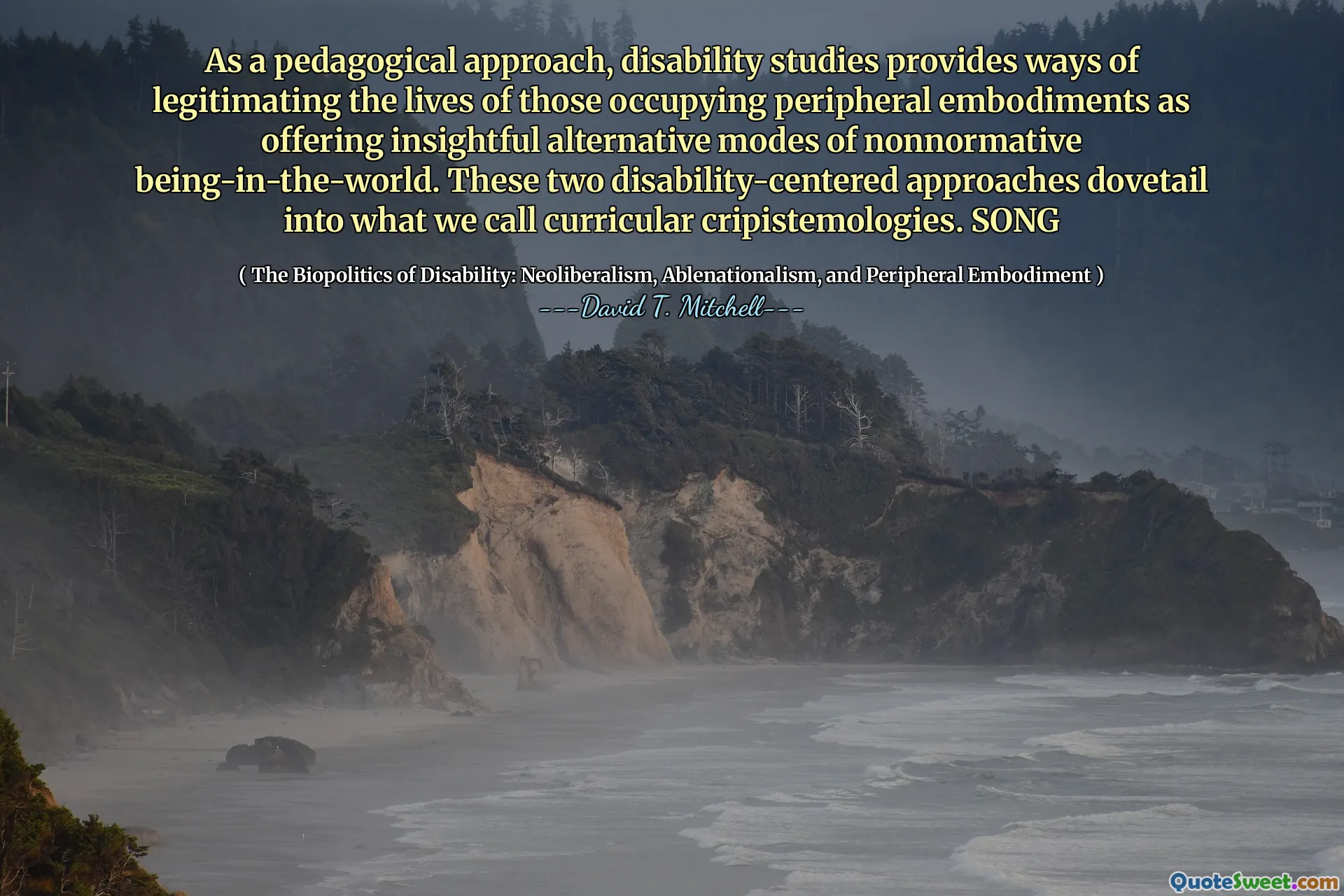 Come approccio pedagogico, gli studi sulla disabilità forniscono modi per legittimare la vita di coloro che occupano incarnazioni periferiche offrendo modalità alternative e penetranti di essere-nel-mondo non normativo. Questi due approcci centrati sulla disabilità si integrano in quelle che chiamiamo cripistemologie curriculari. CANZONE