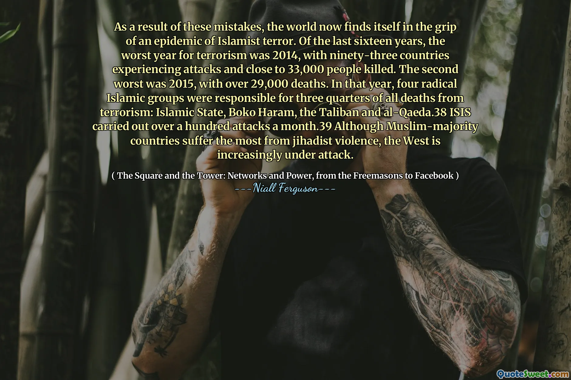 As a result of these mistakes, the world now finds itself in the grip of an epidemic of Islamist terror. Of the last sixteen years, the worst year for terrorism was 2014, with ninety-three countries experiencing attacks and close to 33,000 people killed. The second worst was 2015, with over 29,000 deaths. In that year, four radical Islamic groups were responsible for three quarters of all deaths from terrorism: Islamic State, Boko Haram, the Taliban and al-Qaeda.38 ISIS carried out over a hundred attacks a month.39 Although Muslim-majority countries suffer the most from jihadist violence, the West is increasingly under attack.