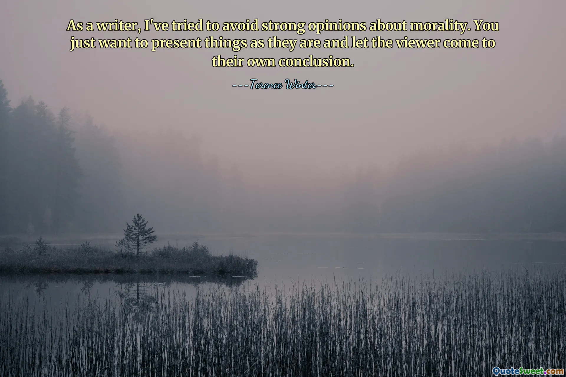 Как писатель, я старался избегать резких мнений о морали. Вы просто хотите представить вещи такими, какие они есть, и позволить зрителю прийти к собственному выводу.