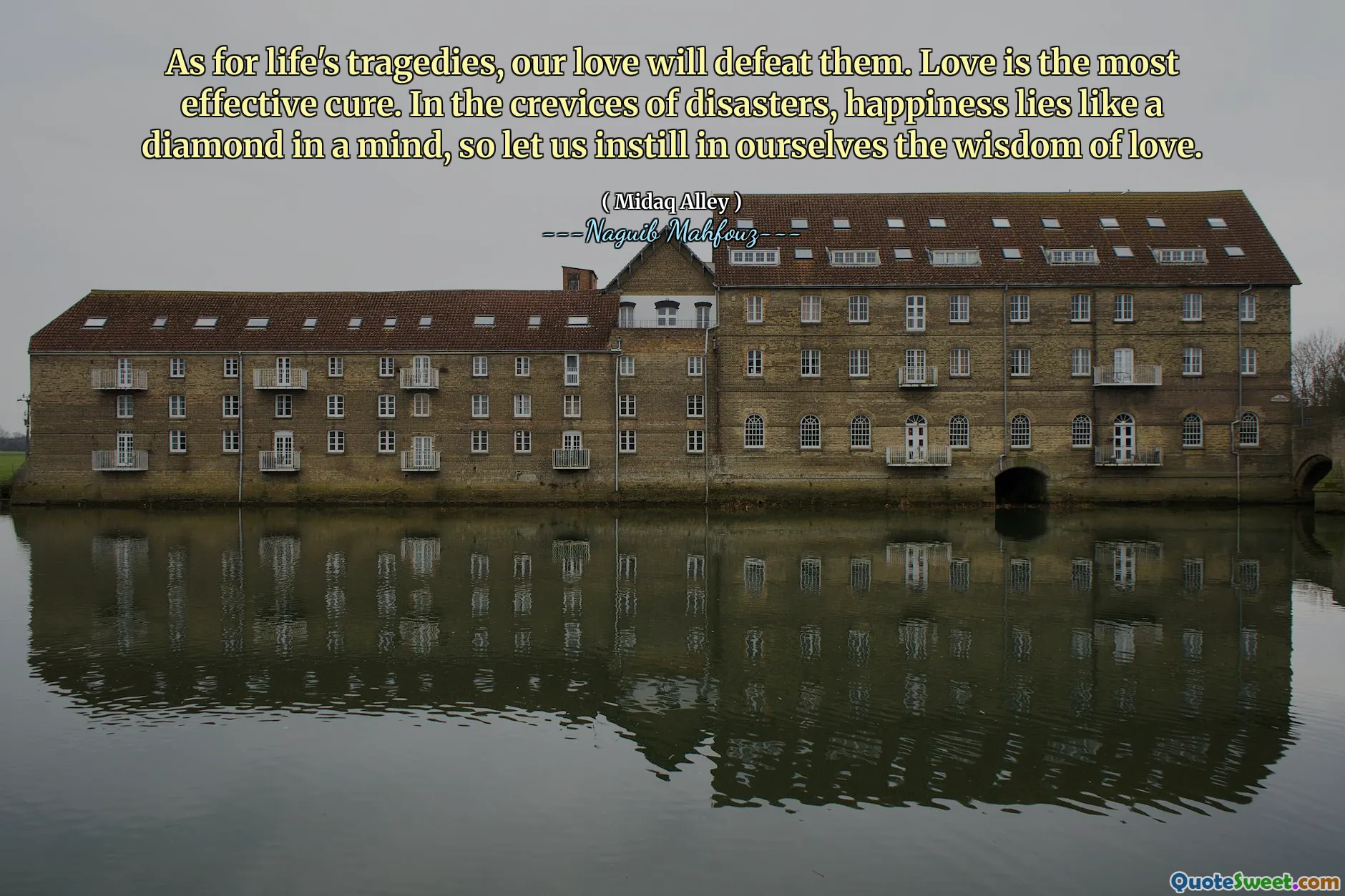 Wat betreft de tragedies van het leven, onze liefde zal ze verslaan. Liefde is de meest effectieve remedie. In de spleten van rampen ligt geluk als een diamant in een geest, dus laten we onszelf de wijsheid van liefde bijbrengen.