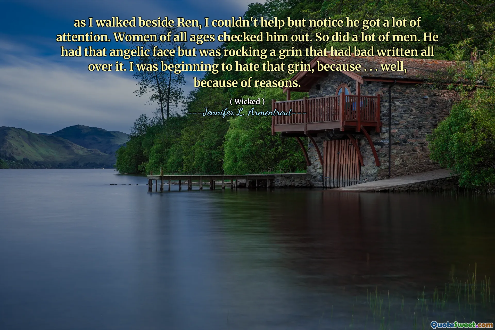 as I walked beside Ren, I couldn't help but notice he got a lot of attention. Women of all ages checked him out. So did a lot of men. He had that angelic face but was rocking a grin that had bad written all over it. I was beginning to hate that grin, because . . . well, because of reasons.