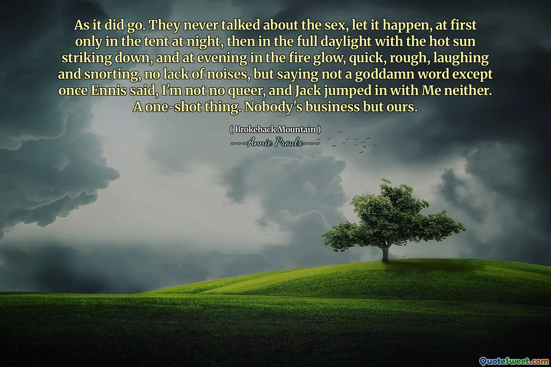 Som det gick. De pratade aldrig om könet, låt det hända, till en början bara i tältet på natten, sedan i hela dagsljuset med den heta solen som slog ner, och på kvällen i elden glödar, snabbt, grovt, skrattande och snorting, ingen brist på ljud, men att inte säga ett jävla ord förutom en gång ennis sa, jag är inte queer, och jack hoppade med mig varken. En sak med en skott. Ingen affär än vår.