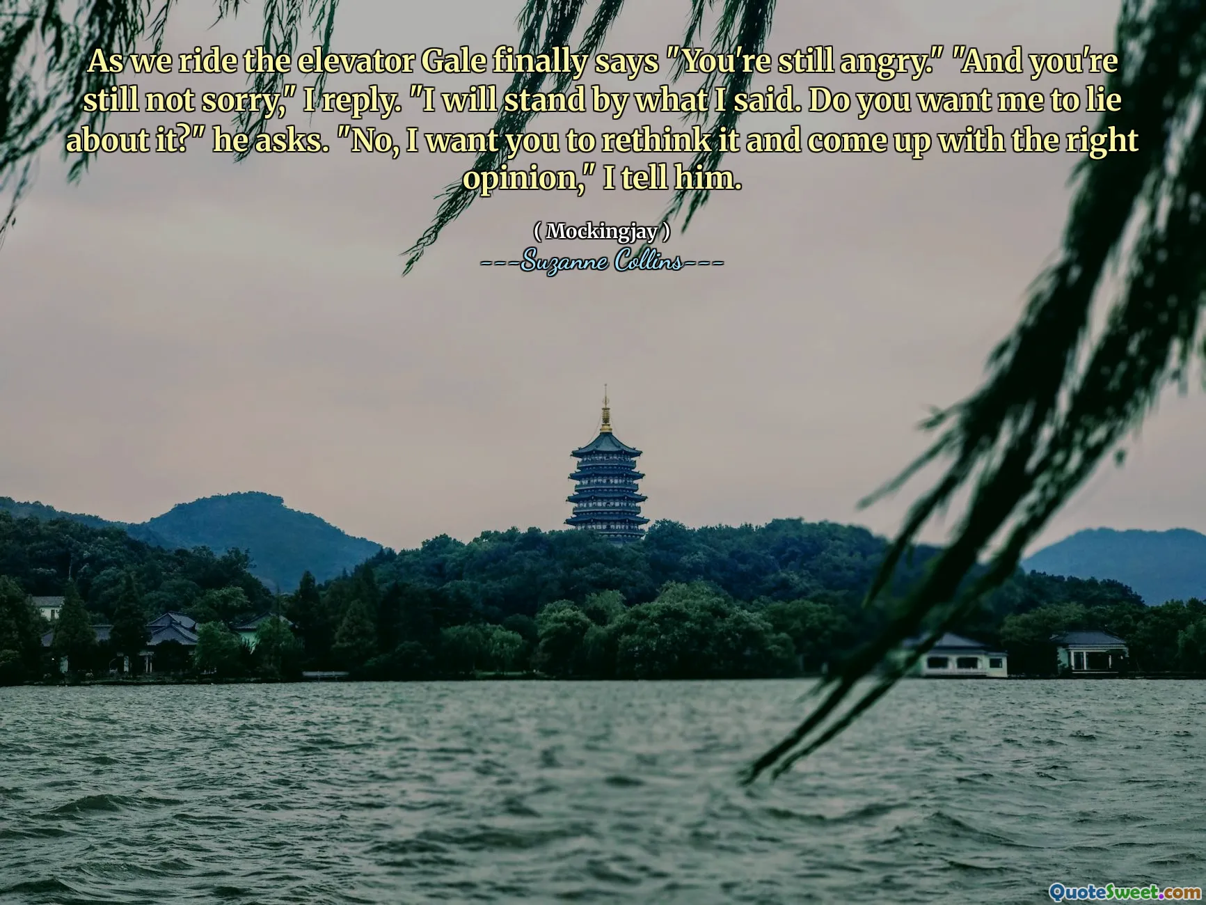 As we ride the elevator Gale finally says "You're still angry." "And you're still not sorry," I reply. "I will stand by what I said. Do you want me to lie about it?" he asks. "No, I want you to rethink it and come up with the right opinion," I tell him.