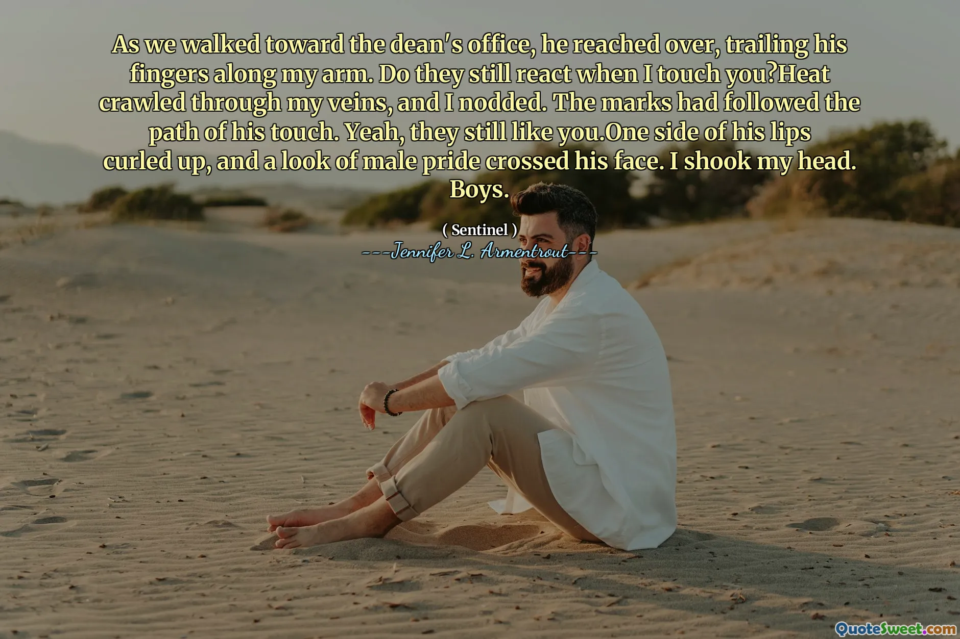 As we walked toward the dean's office, he reached over, trailing his fingers along my arm. Do they still react when I touch you?Heat crawled through my veins, and I nodded. The marks had followed the path of his touch. Yeah, they still like you.One side of his lips curled up, and a look of male pride crossed his face. I shook my head. Boys.