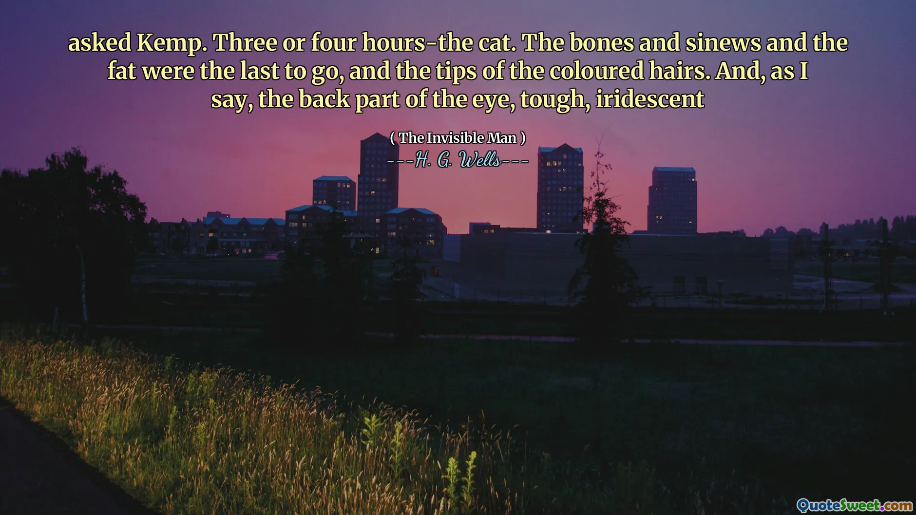 asked Kemp. Three or four hours-the cat. The bones and sinews and the fat were the last to go, and the tips of the coloured hairs. And, as I say, the back part of the eye, tough, iridescent