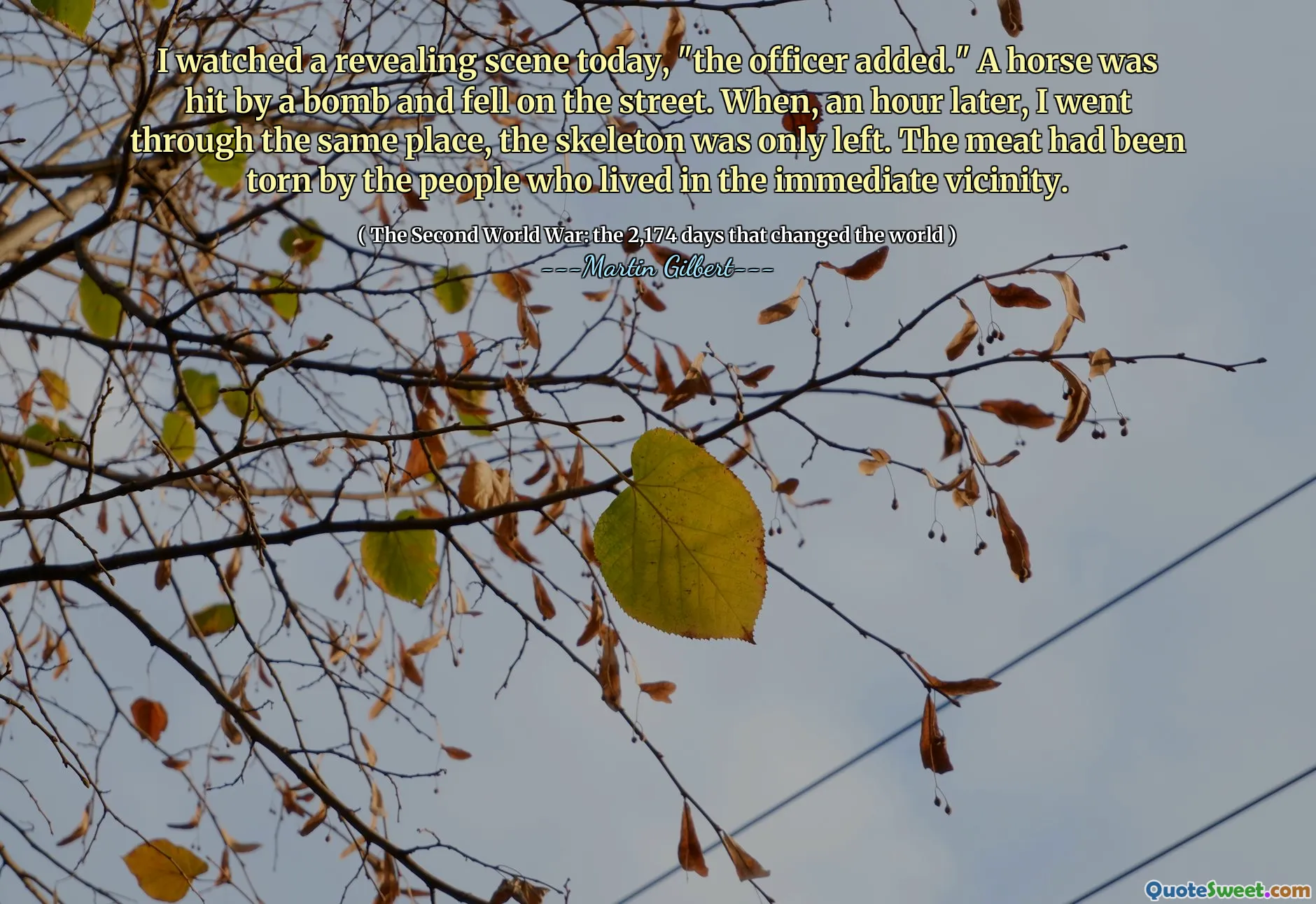 I watched a revealing scene today, "the officer added." A horse was hit by a bomb and fell on the street. When, an hour later, I went through the same place, the skeleton was only left. The meat had been torn by the people who lived in the immediate vicinity.