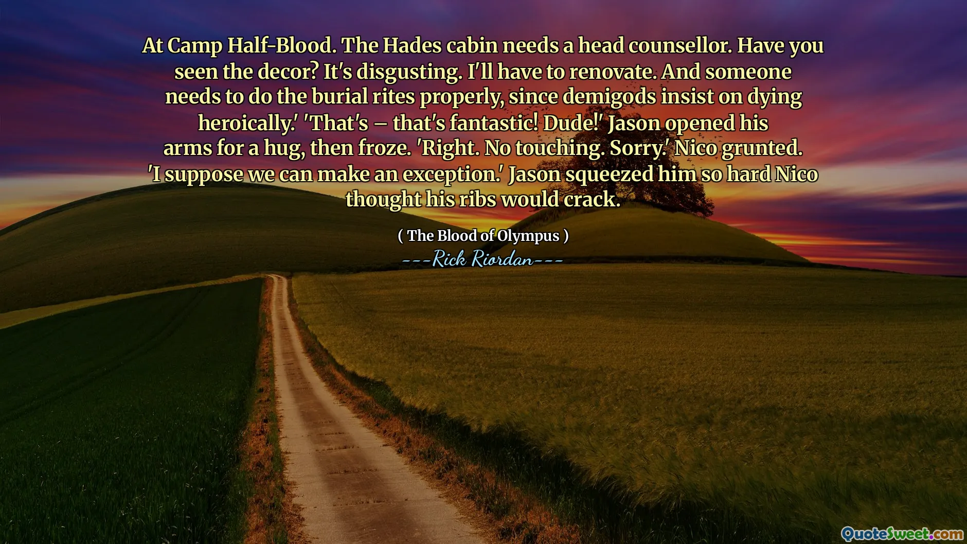 At Camp Half-Blood. The Hades cabin needs a head counsellor. Have you seen the decor? It's disgusting. I'll have to renovate. And someone needs to do the burial rites properly, since demigods insist on dying heroically.' 'That's – that's fantastic! Dude!' Jason opened his arms for a hug, then froze. 'Right. No touching. Sorry.' Nico grunted. 'I suppose we can make an exception.' Jason squeezed him so hard Nico thought his ribs would crack.