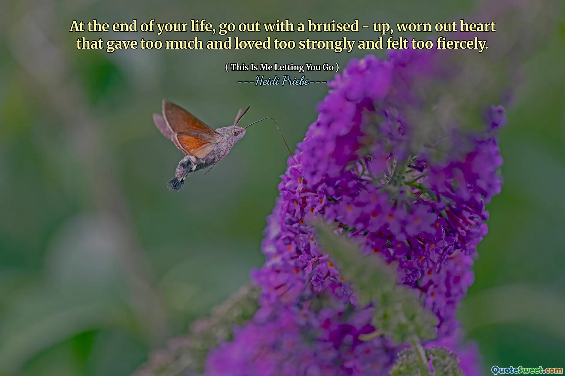 At the end of your life, go out with a bruised - up, worn out heart that gave too much and loved too strongly and felt too fiercely.