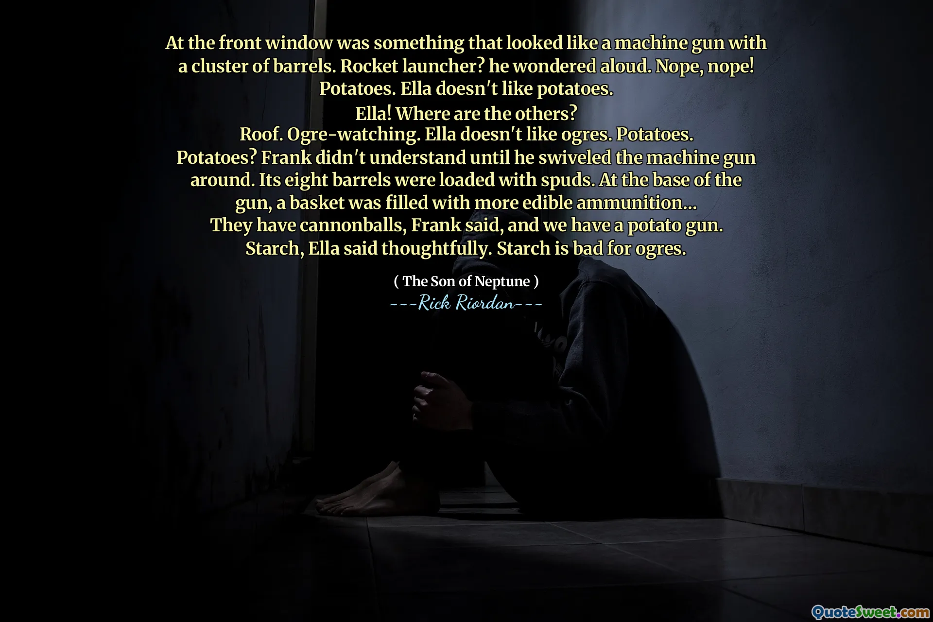 At the front window was something that looked like a machine gun with a cluster of barrels. Rocket launcher? he wondered aloud. Nope, nope! Potatoes. Ella doesn't like potatoes.
Ella! Where are the others?
Roof. Ogre-watching. Ella doesn't like ogres. Potatoes.
Potatoes? Frank didn't understand until he swiveled the machine gun around. Its eight barrels were loaded with spuds. At the base of the gun, a basket was filled with more edible ammunition…
They have cannonballs, Frank said, and we have a potato gun.
Starch, Ella said thoughtfully. Starch is bad for ogres.