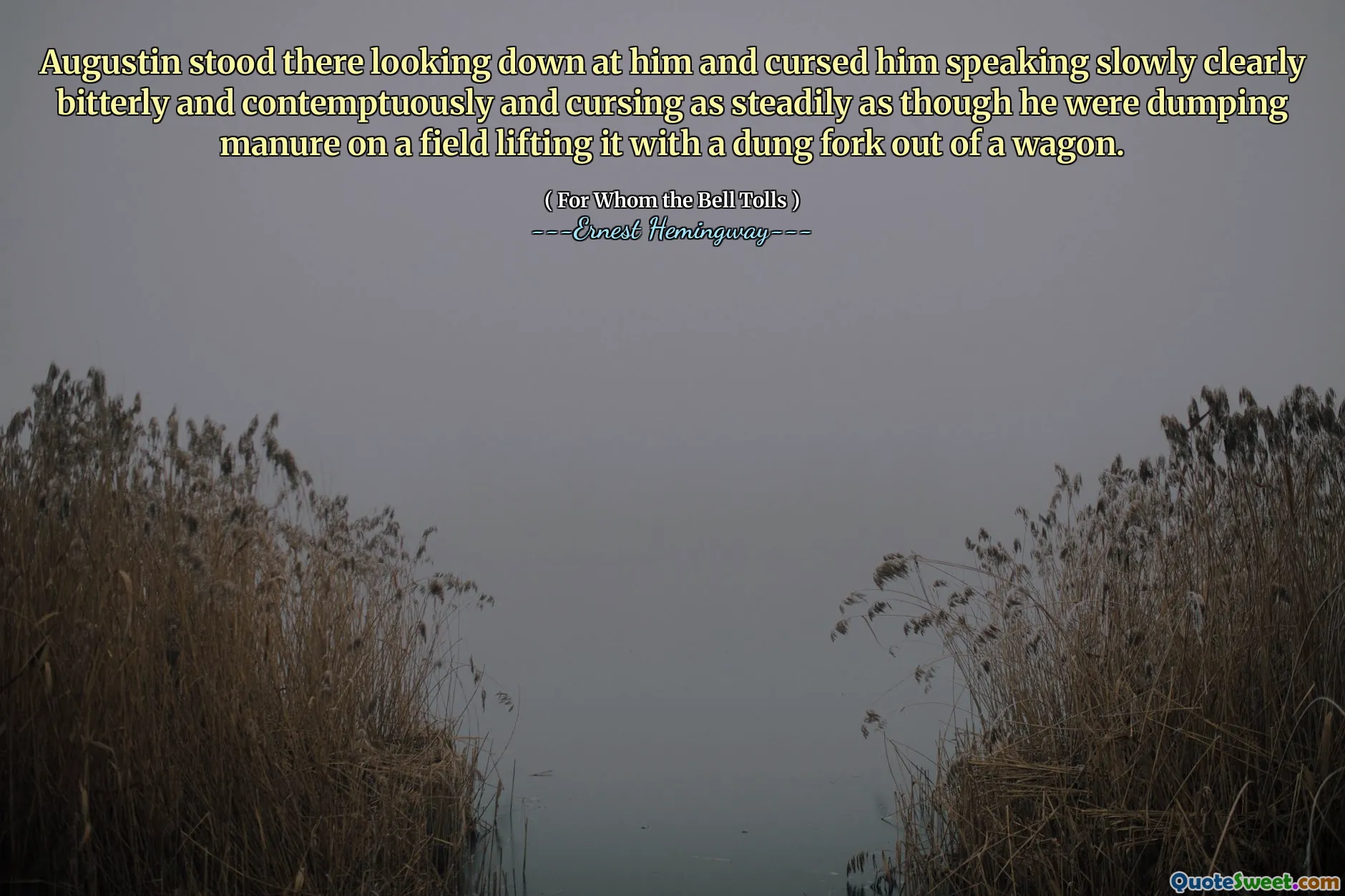 Augustin stood there looking down at him and cursed him speaking slowly clearly bitterly and contemptuously and cursing as steadily as though he were dumping manure on a field lifting it with a dung fork out of a wagon.