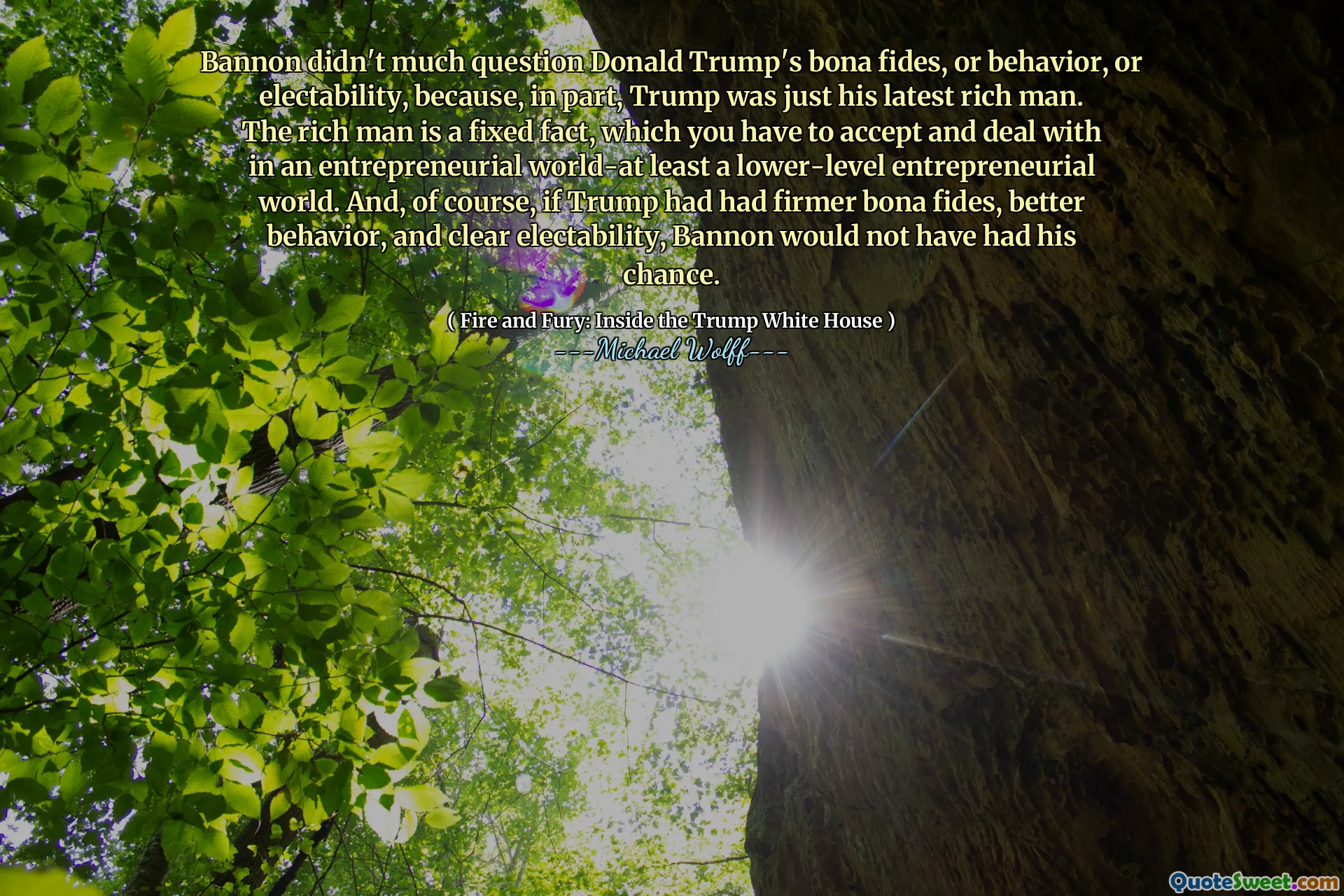 Bannon didn't much question Donald Trump's bona fides, or behavior, or electability, because, in part, Trump was just his latest rich man. The rich man is a fixed fact, which you have to accept and deal with in an entrepreneurial world-at least a lower-level entrepreneurial world. And, of course, if Trump had had firmer bona fides, better behavior, and clear electability, Bannon would not have had his chance.