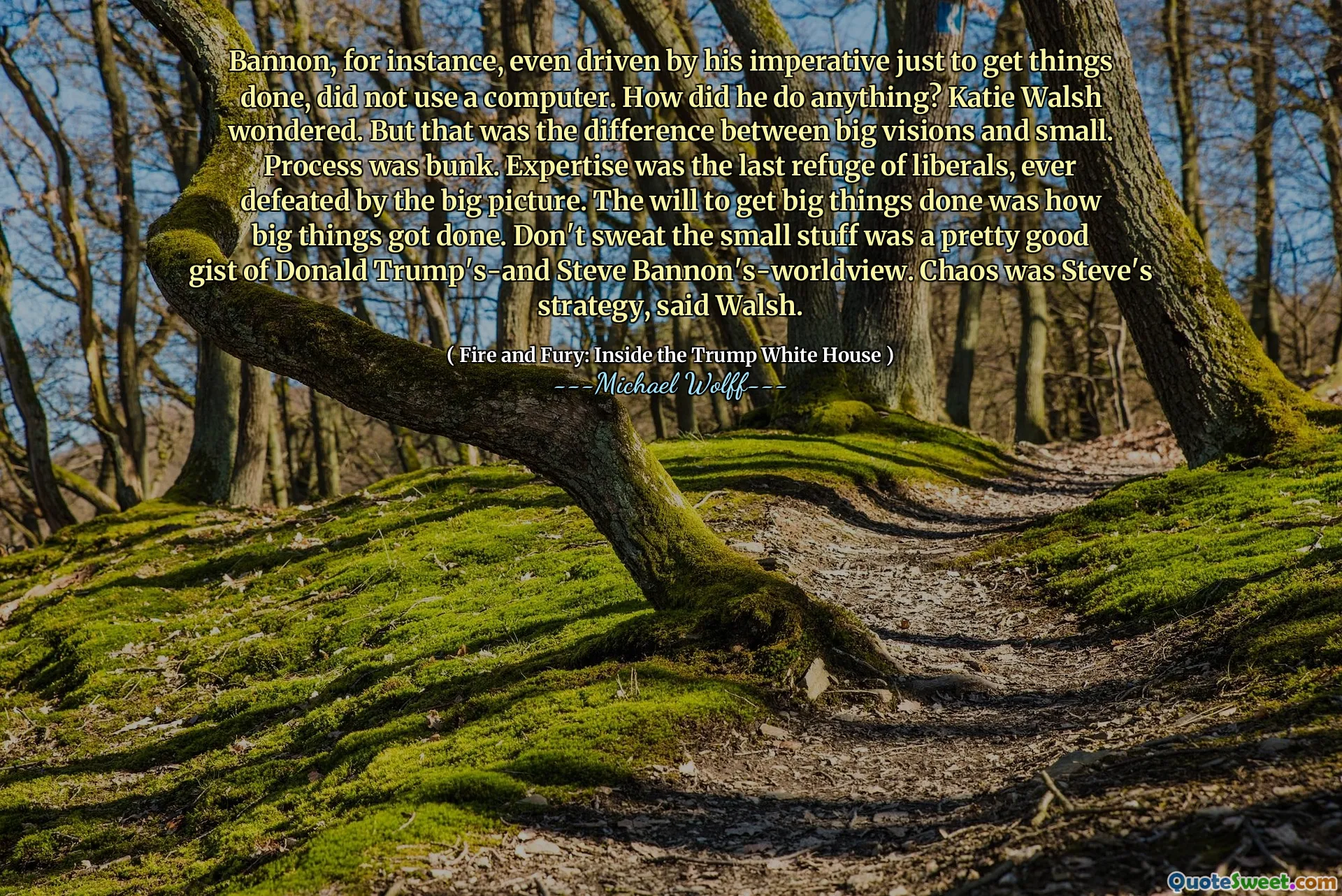 Bannon, for instance, even driven by his imperative just to get things done, did not use a computer. How did he do anything? Katie Walsh wondered. But that was the difference between big visions and small. Process was bunk. Expertise was the last refuge of liberals, ever defeated by the big picture. The will to get big things done was how big things got done. Don't sweat the small stuff was a pretty good gist of Donald Trump's-and Steve Bannon's-worldview. Chaos was Steve's strategy, said Walsh.