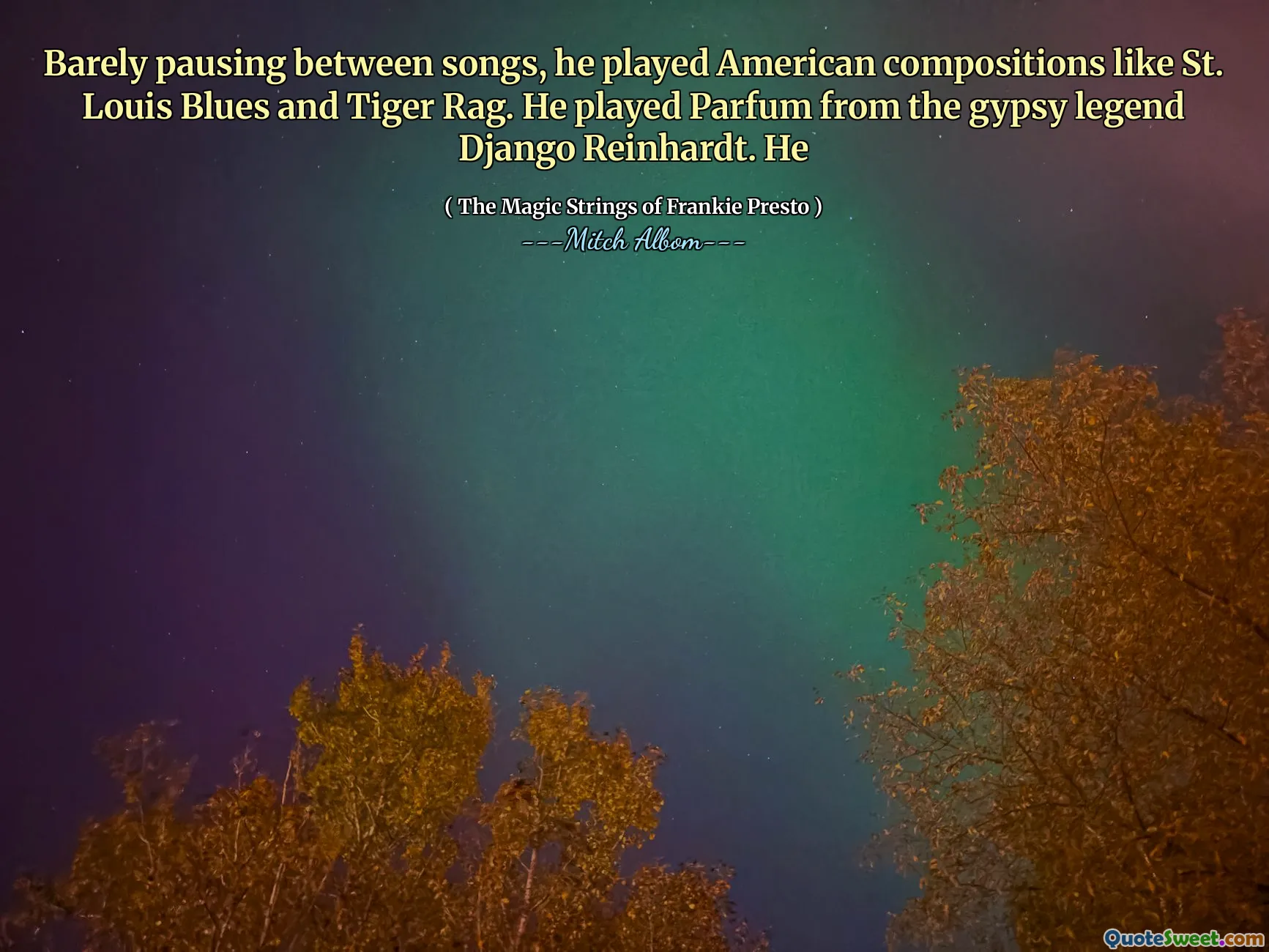 Barely pausing between songs, he played American compositions like St. Louis Blues and Tiger Rag. He played Parfum from the gypsy legend Django Reinhardt. He