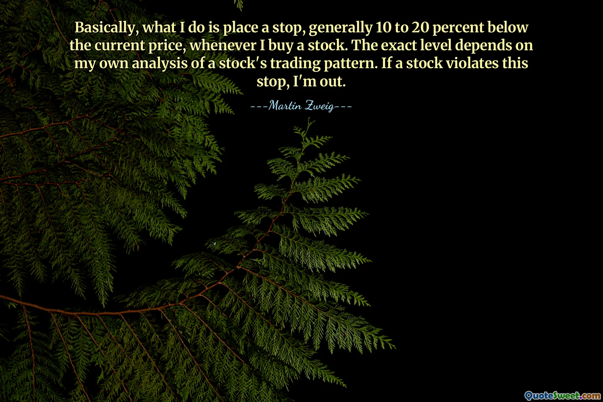 Basically, what I do is place a stop, generally 10 to 20 percent below the current price, whenever I buy a stock. The exact level depends on my own analysis of a stock's trading pattern. If a stock violates this stop, I'm out.