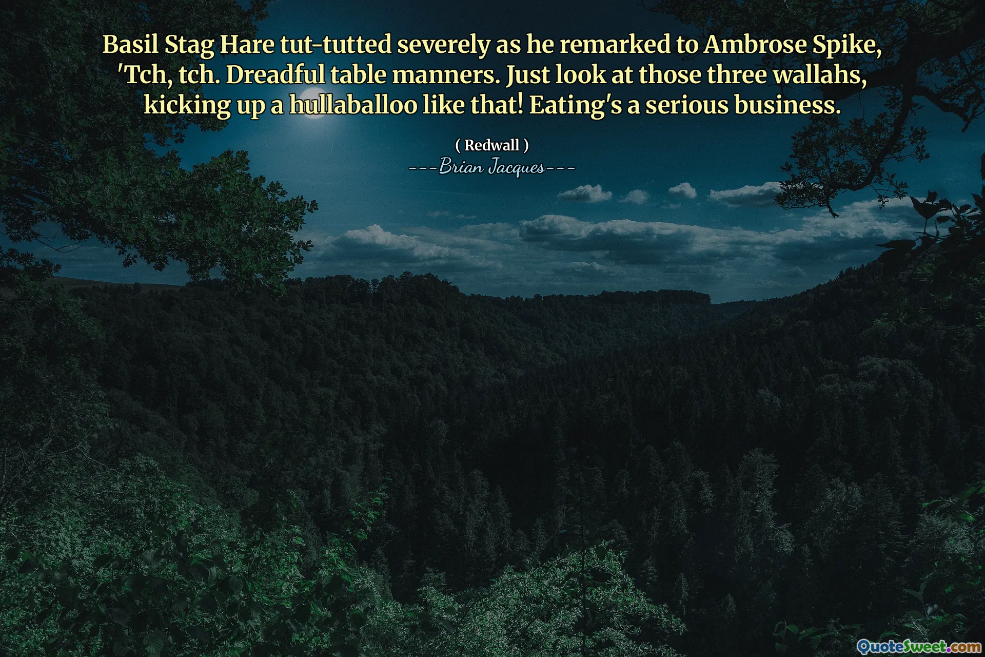 Basil Stag Hare tut-tutted severely as he remarked to Ambrose Spike, 'Tch, tch. Dreadful table manners. Just look at those three wallahs, kicking up a hullaballoo like that! Eating's a serious business.