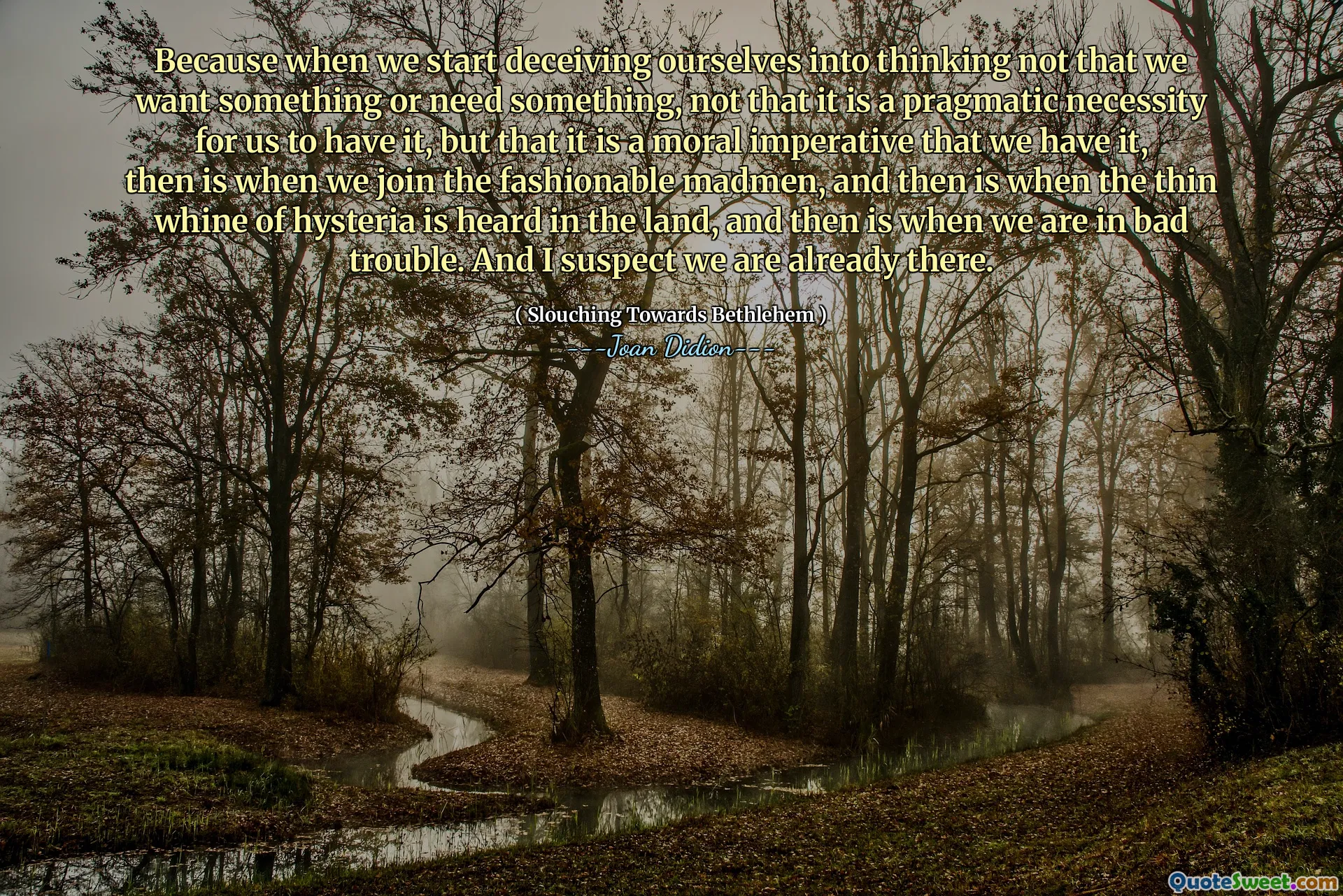 Pentru că atunci când începem să ne înșelăm să ne gândim, nu că vrem ceva sau avem nevoie de ceva, nu că este o necesitate pragmatică pentru noi să o avem, ci că este un imperativ moral pe care îl avem, atunci este atunci când ne alăturăm nebunilor la modă, și atunci este atunci când te -a fost auzită tehina subțire a hysteriei. Și bănuiesc că suntem deja acolo.
