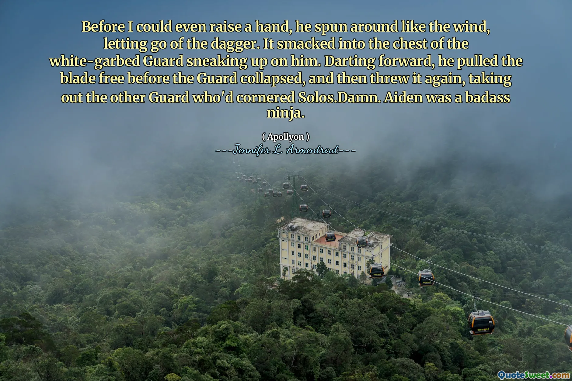 Before I could even raise a hand, he spun around like the wind, letting go of the dagger. It smacked into the chest of the white-garbed Guard sneaking up on him. Darting forward, he pulled the blade free before the Guard collapsed, and then threw it again, taking out the other Guard who'd cornered Solos.Damn. Aiden was a badass ninja.