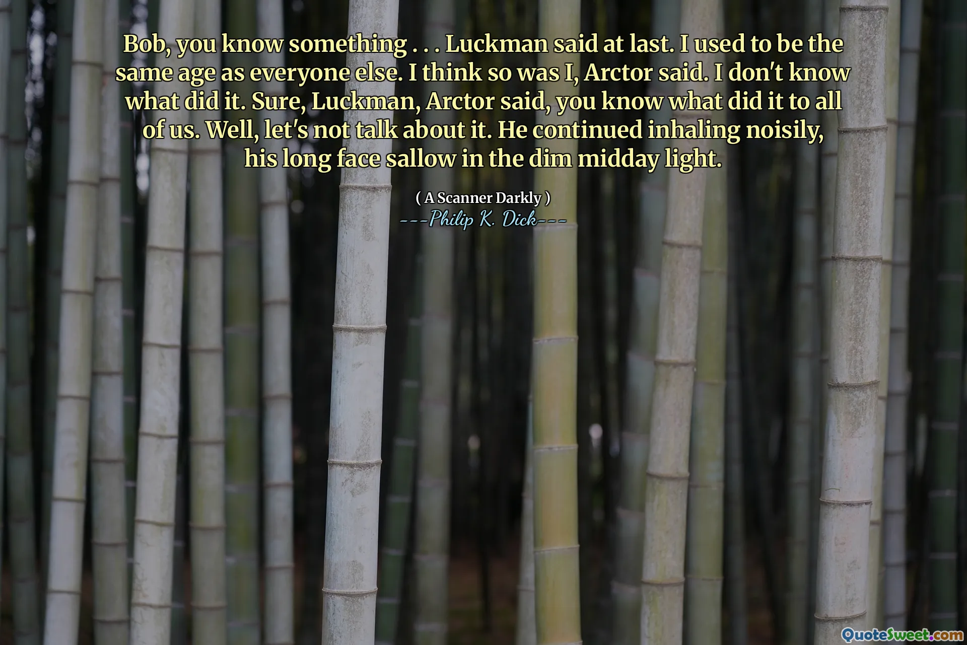 Bob, você sabe de algo. . . Luckman disse finalmente. Eu costumava ter a mesma idade que todos os outros. Eu acho que eu também, disse Arctor. Eu não sei o que fez isso. Claro, Luckman, Arctor disse, você sabe o que fez isso com todos nós. Bem, não vamos falar sobre isso. Ele continuou inalando ruidosamente, seu rosto comprido pálido à luz fraca do meio -dia.