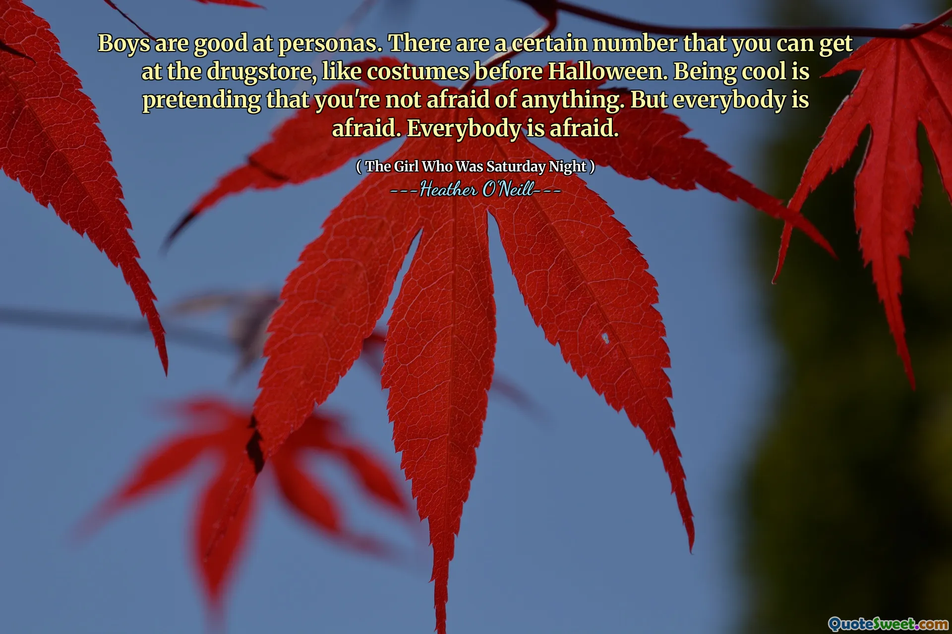 Boys are good at personas. There are a certain number that you can get at the drugstore, like costumes before Halloween. Being cool is pretending that you're not afraid of anything. But everybody is afraid. Everybody is afraid.