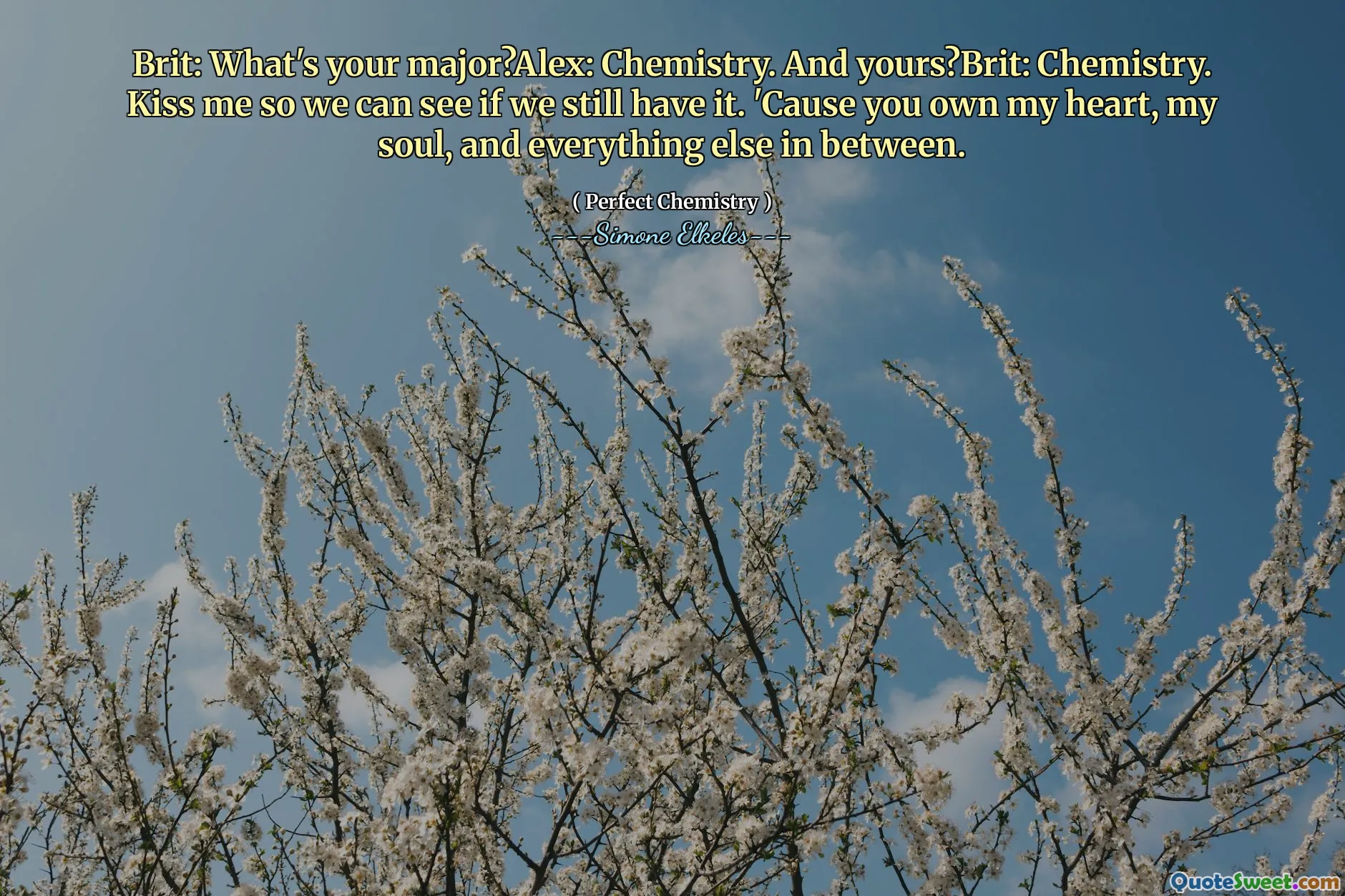 Brit: What's your major?Alex: Chemistry. And yours?Brit: Chemistry. Kiss me so we can see if we still have it. 'Cause you own my heart, my soul, and everything else in between.