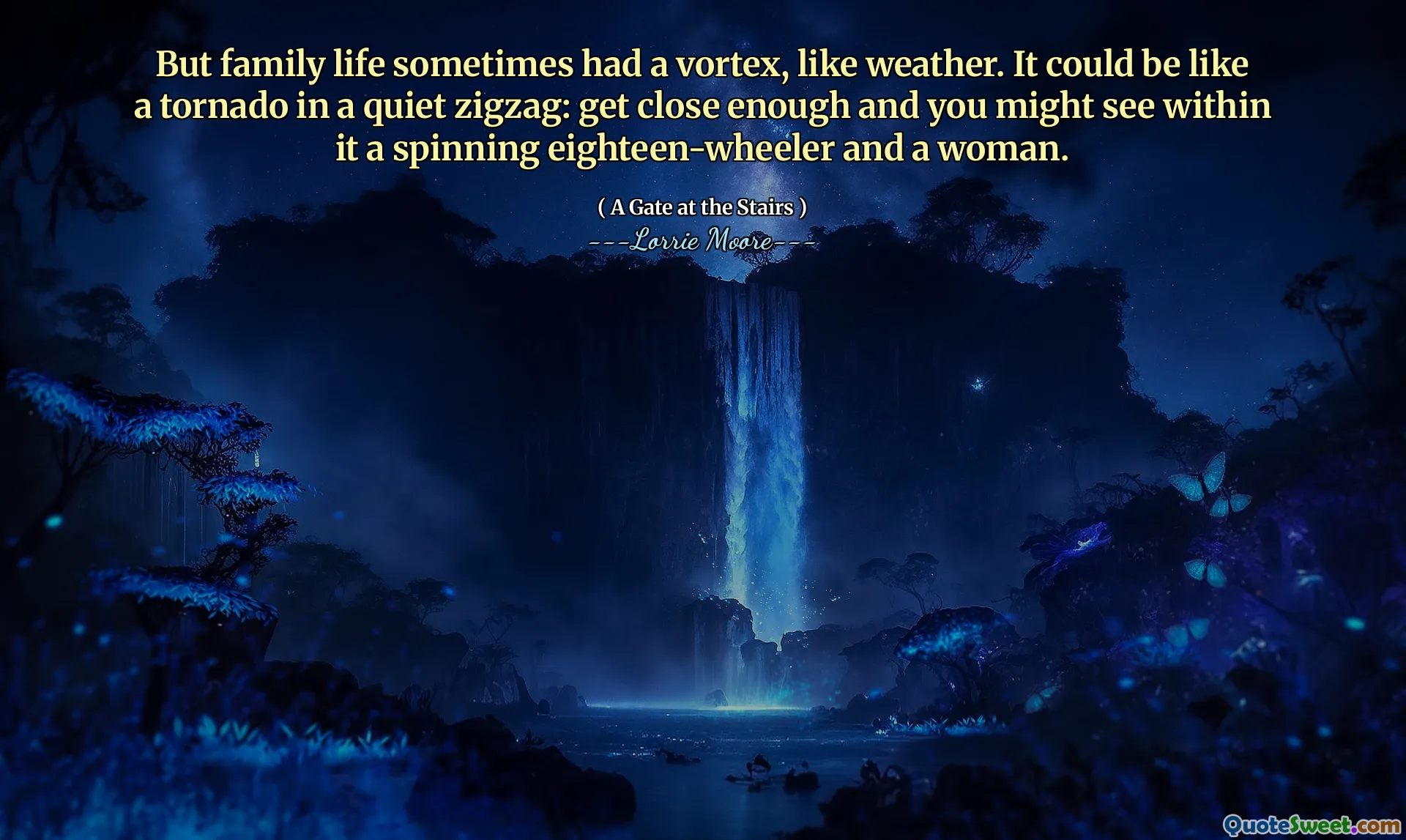 But family life sometimes had a vortex, like weather. It could be like a tornado in a quiet zigzag: get close enough and you might see within it a spinning eighteen-wheeler and a woman.