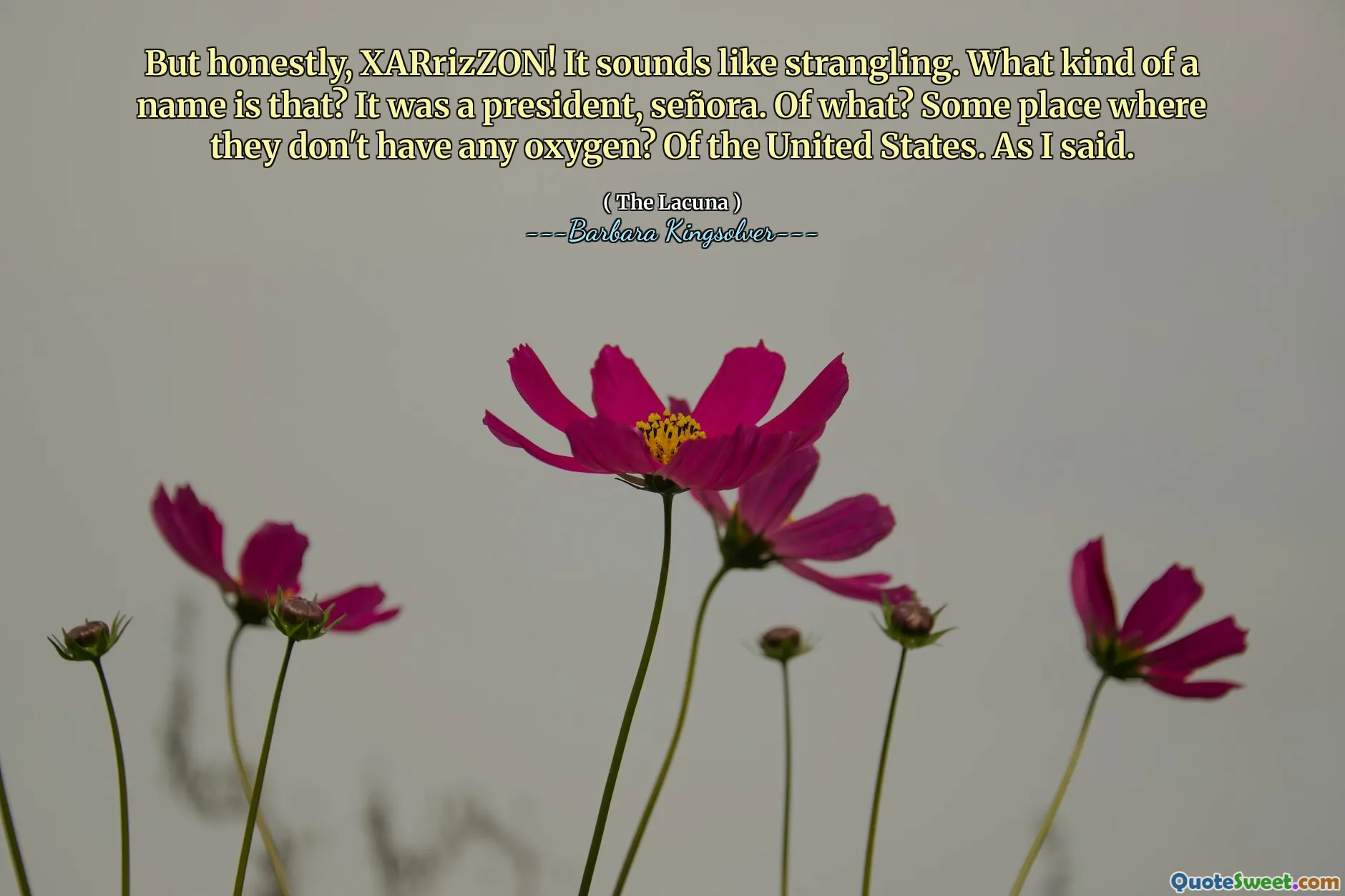 Men ærlig talt, Xarrizzon! Det høres ut som kvalt. Hva slags navn er det? Det var en president, Señora. Av hva? Noen steder der de ikke har noe oksygen? Av USA. Som sagt.