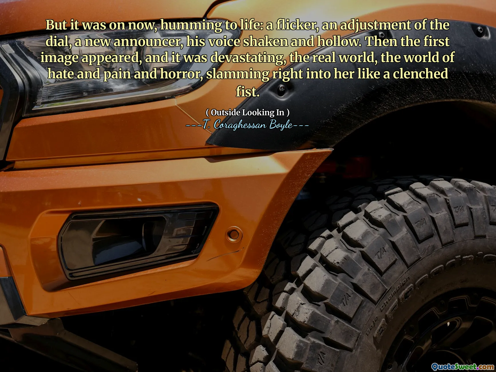 그러나 지금은 깜박임, 다이얼 조정, 새로운 아나운서, 그의 목소리가 흔들리고 속이 빈다. 그런 다음 첫 번째 이미지가 나타 났으며, 현실 세계, 증오와 고통과 공포의 세계가 치열한 주먹처럼 그녀에게 바로 때렸습니다.