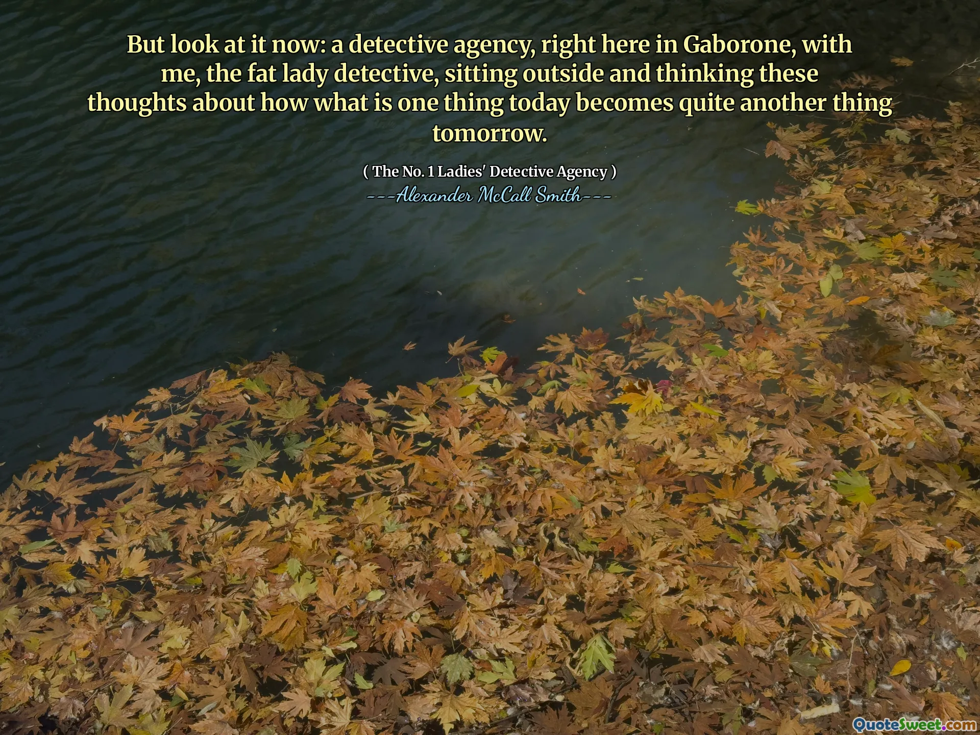 但是现在看它：一个侦探代理，就在加博隆（Gaborone），与我一起，胖夫人侦探，坐在外面，思考这些想法，这些想法明天是什么事，这是什么事。