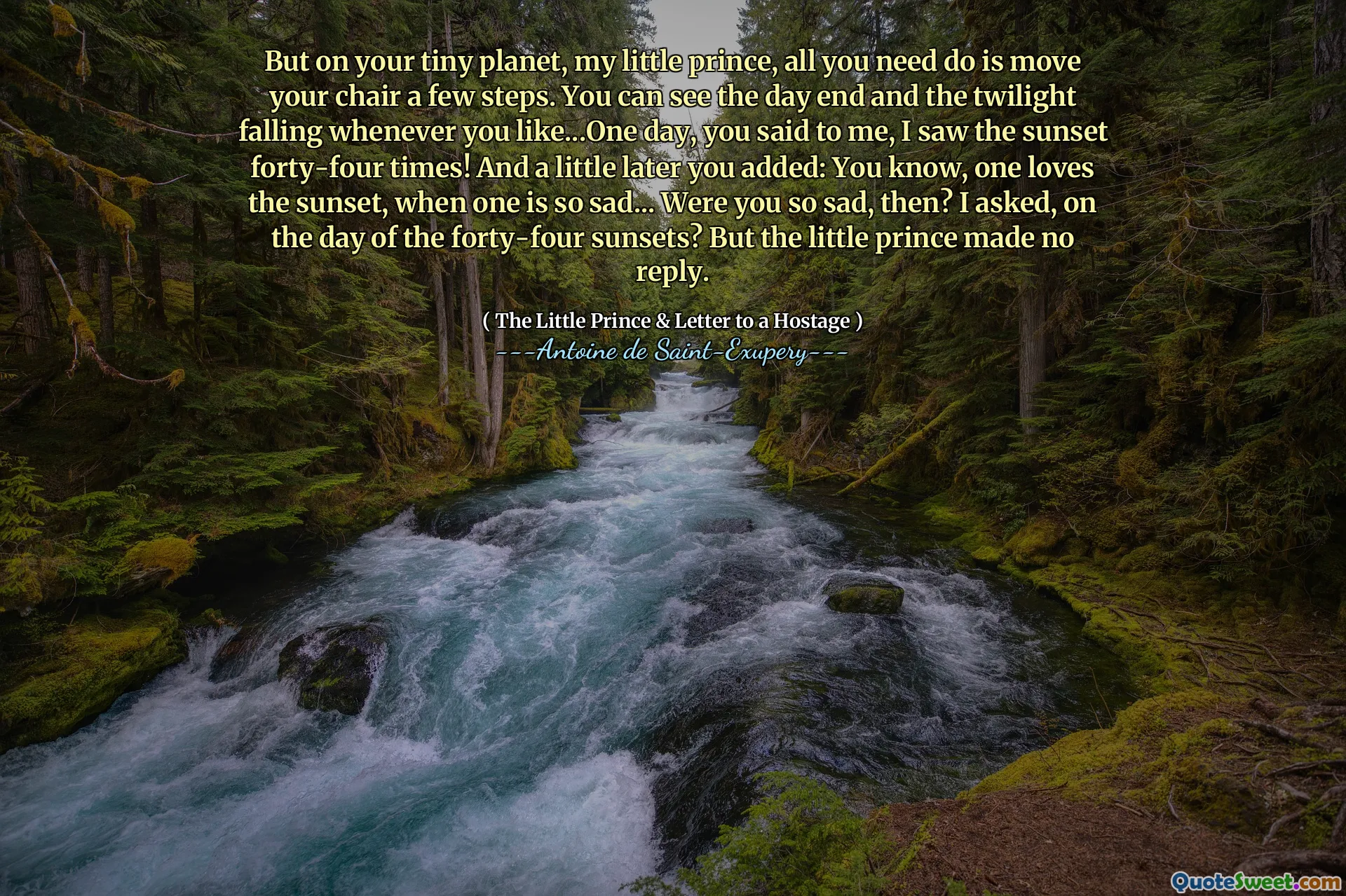But on your tiny planet, my little prince, all you need do is move your chair a few steps. You can see the day end and the twilight falling whenever you like...One day, you said to me, I saw the sunset forty-four times! And a little later you added: You know, one loves the sunset, when one is so sad... Were you so sad, then? I asked, on the day of the forty-four sunsets? But the little prince made no reply.