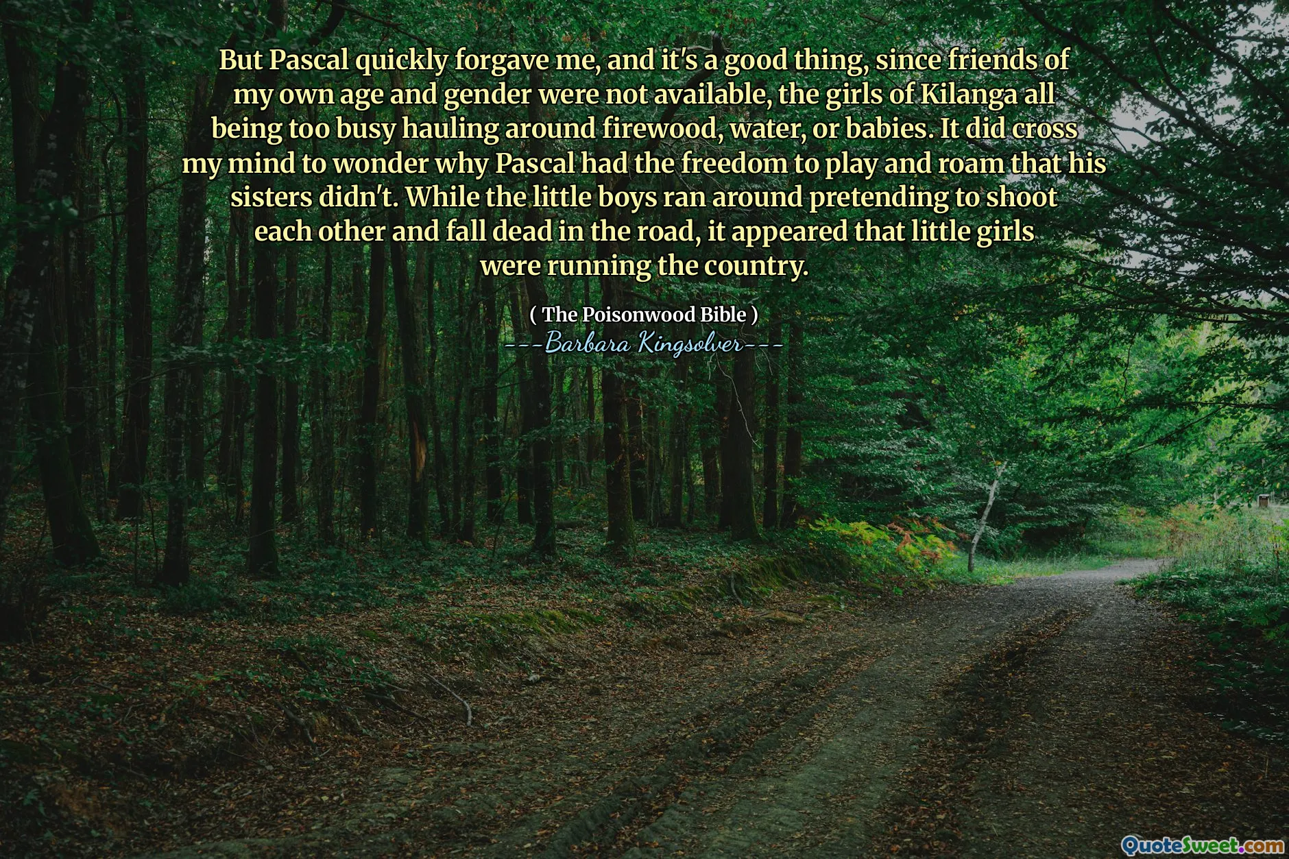 Mas Pascal rapidamente me perdoou, e é uma coisa boa, já que amigos da minha idade e gênero não estavam disponíveis, as meninas de Kilanga estavam muito ocupadas transportando lenha, água ou bebês. Isso me passou por me perguntar por que Pascal teve a liberdade de tocar e vaga que suas irmãs não. Enquanto os meninos correram fingindo se atirar e cair mortos na estrada, parecia que as meninas estavam dirigindo o país.