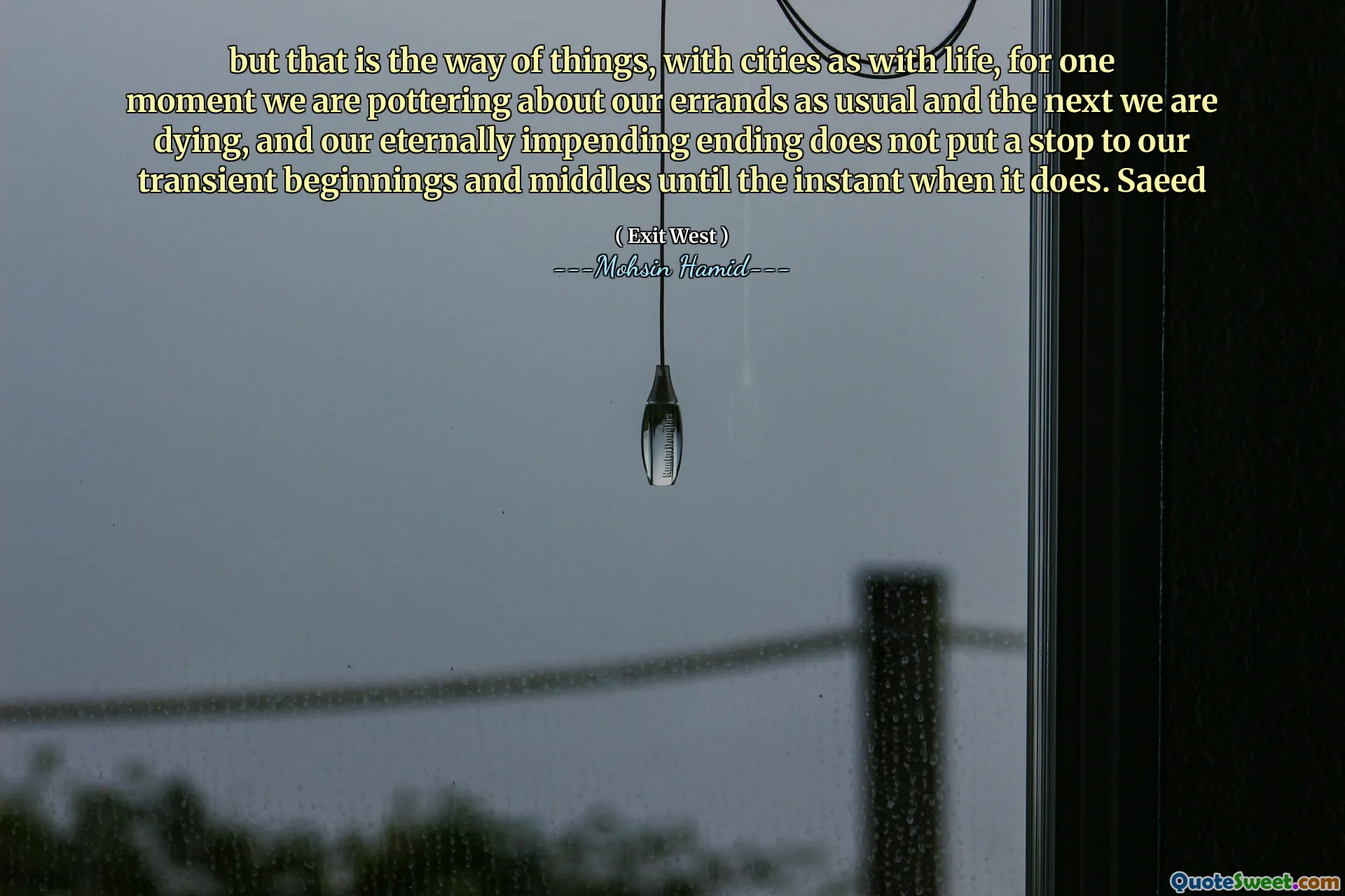 but that is the way of things, with cities as with life, for one moment we are pottering about our errands as usual and the next we are dying, and our eternally impending ending does not put a stop to our transient beginnings and middles until the instant when it does. Saeed