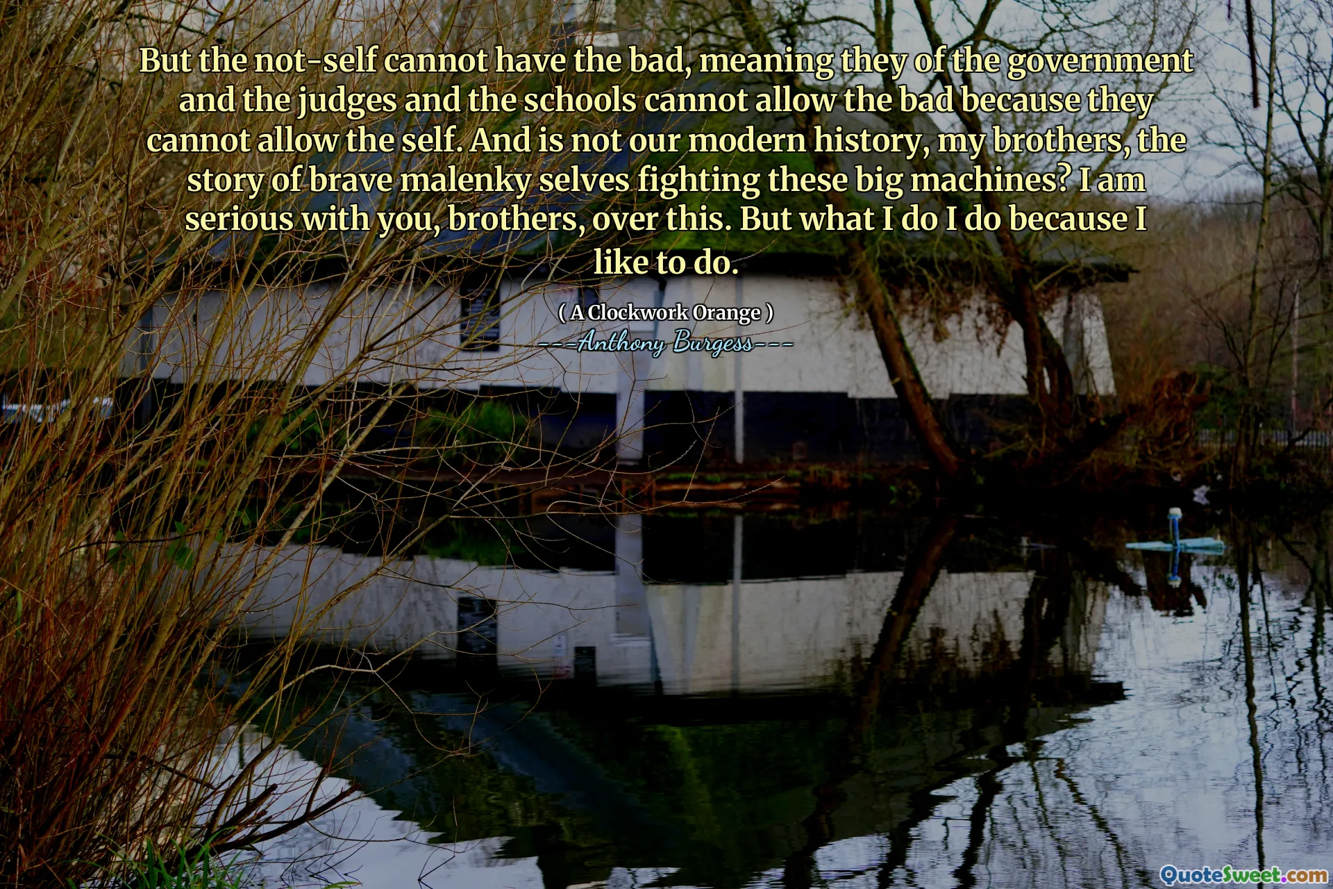 But the not-self cannot have the bad, meaning they of the government and the judges and the schools cannot allow the bad because they cannot allow the self. And is not our modern history, my brothers, the story of brave malenky selves fighting these big machines? I am serious with you, brothers, over this. But what I do I do because I like to do.