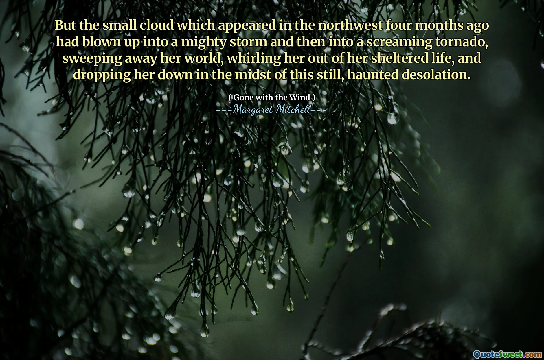 But the small cloud which appeared in the northwest four months ago had blown up into a mighty storm and then into a screaming tornado, sweeping away her world, whirling her out of her sheltered life, and dropping her down in the midst of this still, haunted desolation.