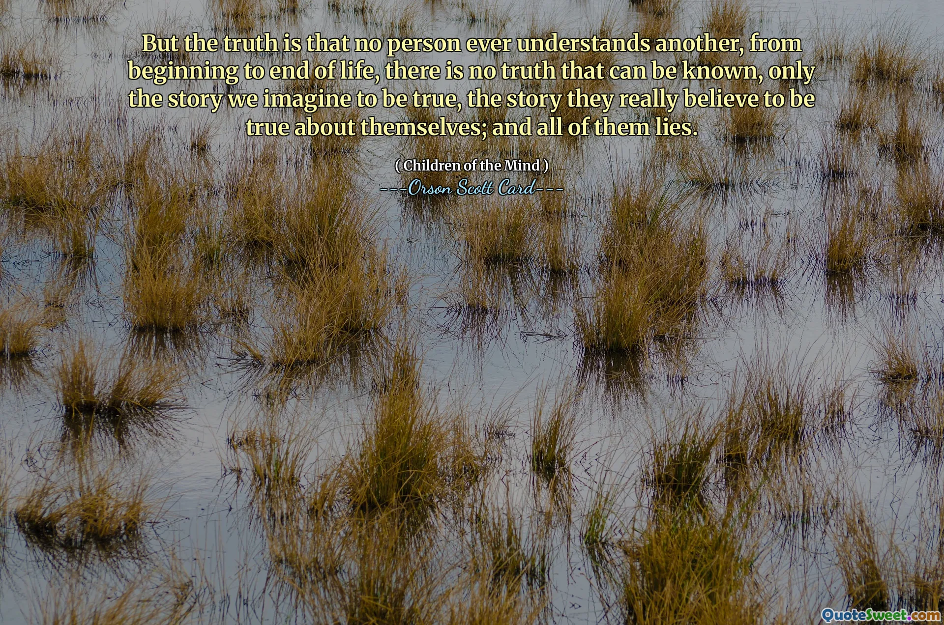 But the truth is that no person ever understands another, from beginning to end of life, there is no truth that can be known, only the story we imagine to be true, the story they really believe to be true about themselves; and all of them lies.
