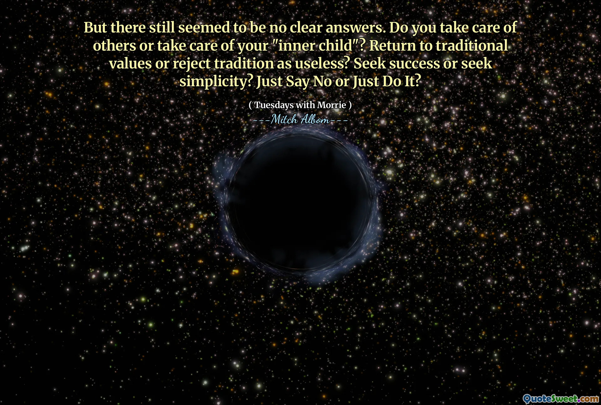 But there still seemed to be no clear answers. Do you take care of others or take care of your "inner child"? Return to traditional values or reject tradition as useless? Seek success or seek simplicity? Just Say No or Just Do It?