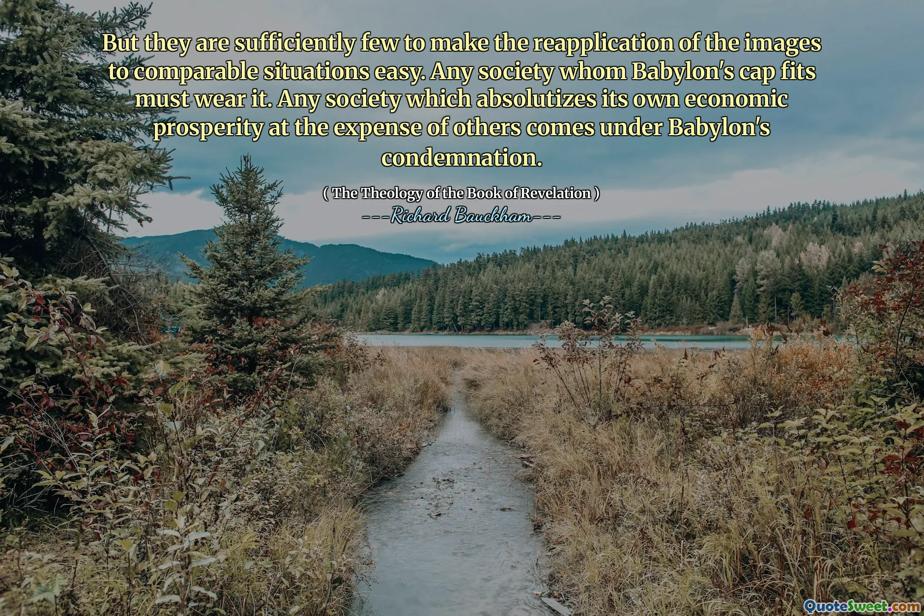 But they are sufficiently few to make the reapplication of the images to comparable situations easy. Any society whom Babylon's cap fits must wear it. Any society which absolutizes its own economic prosperity at the expense of others comes under Babylon's condemnation.