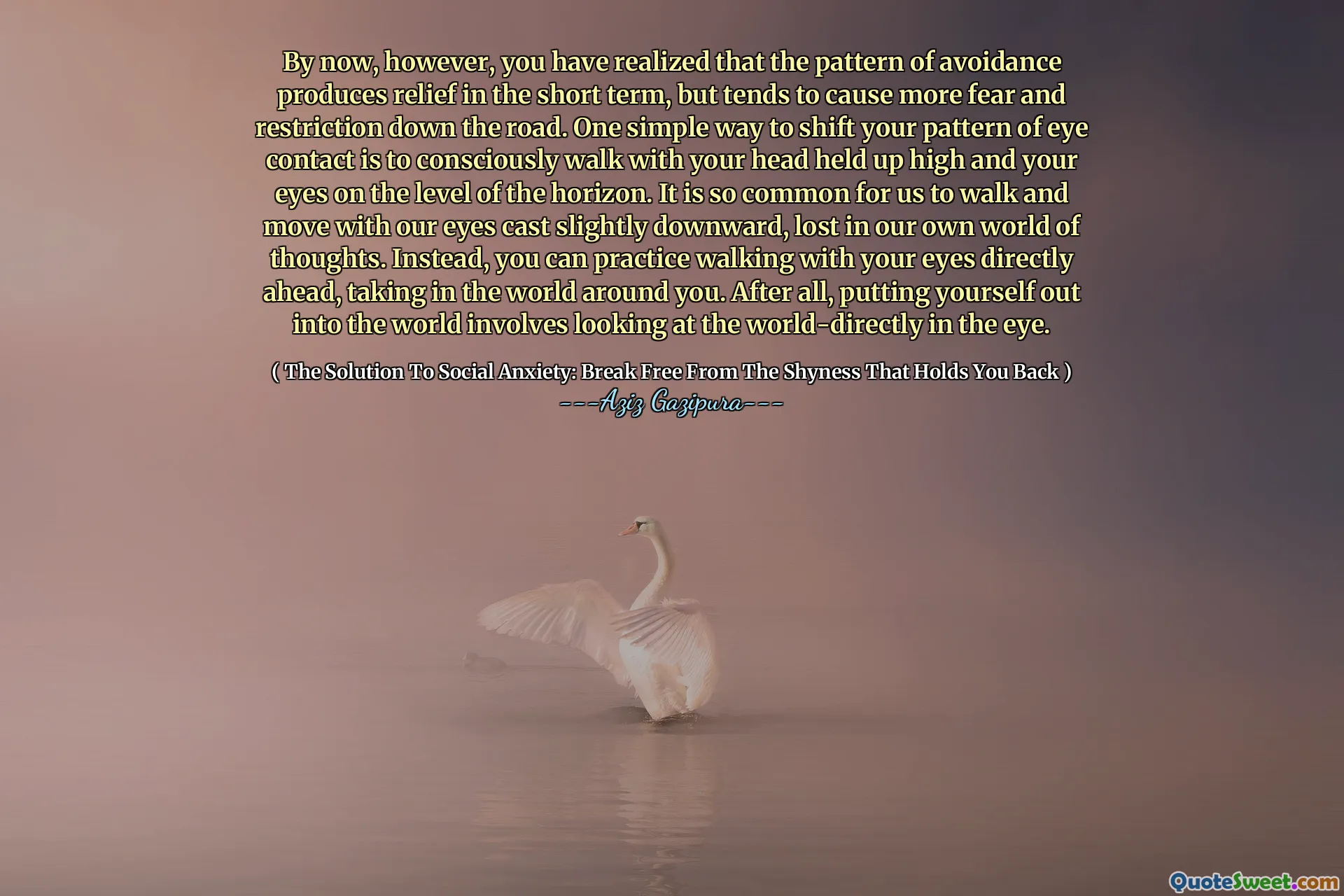 By now, however, you have realized that the pattern of avoidance produces relief in the short term, but tends to cause more fear and restriction down the road. One simple way to shift your pattern of eye contact is to consciously walk with your head held up high and your eyes on the level of the horizon. It is so common for us to walk and move with our eyes cast slightly downward, lost in our own world of thoughts. Instead, you can practice walking with your eyes directly ahead, taking in the world around you. After all, putting yourself out into the world involves looking at the world-directly in the eye.