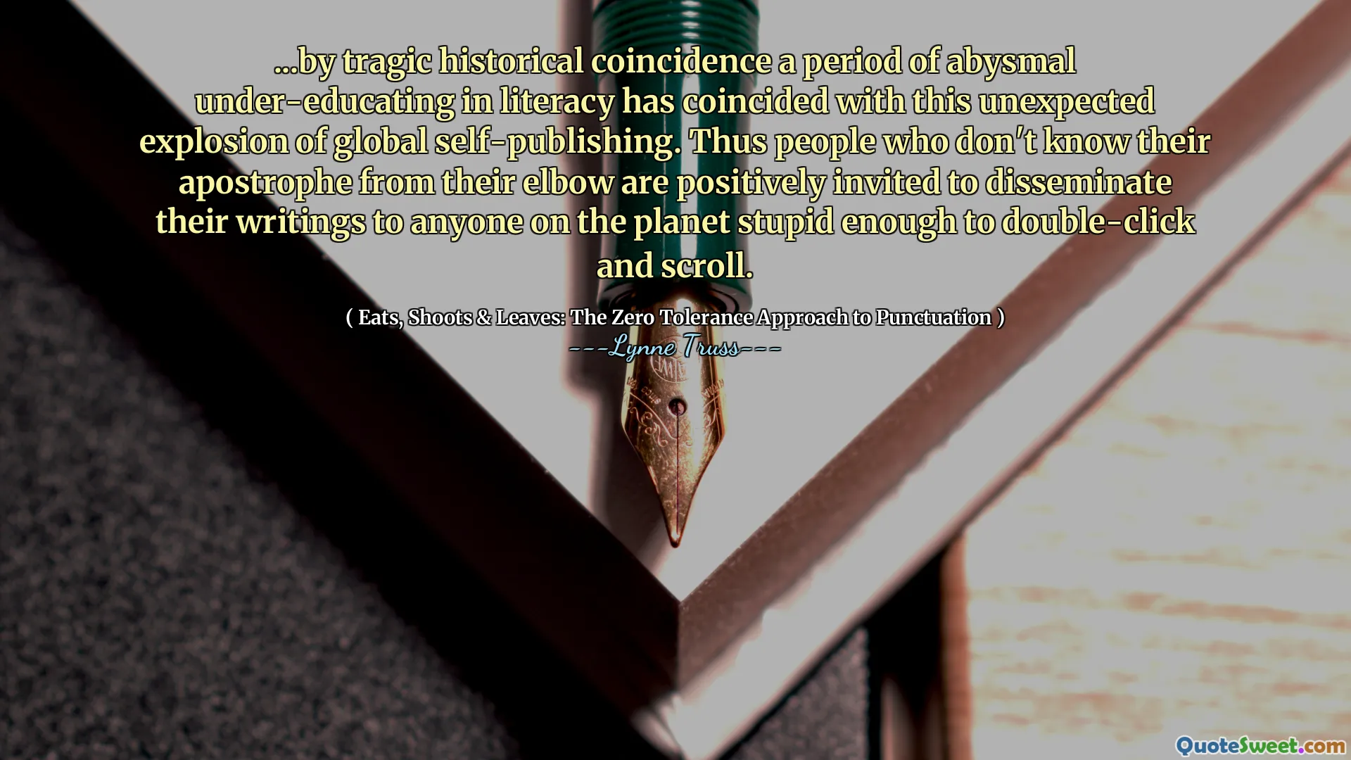 ...by tragic historical coincidence a period of abysmal under-educating in literacy has coincided with this unexpected explosion of global self-publishing. Thus people who don't know their apostrophe from their elbow are positively invited to disseminate their writings to anyone on the planet stupid enough to double-click and scroll.