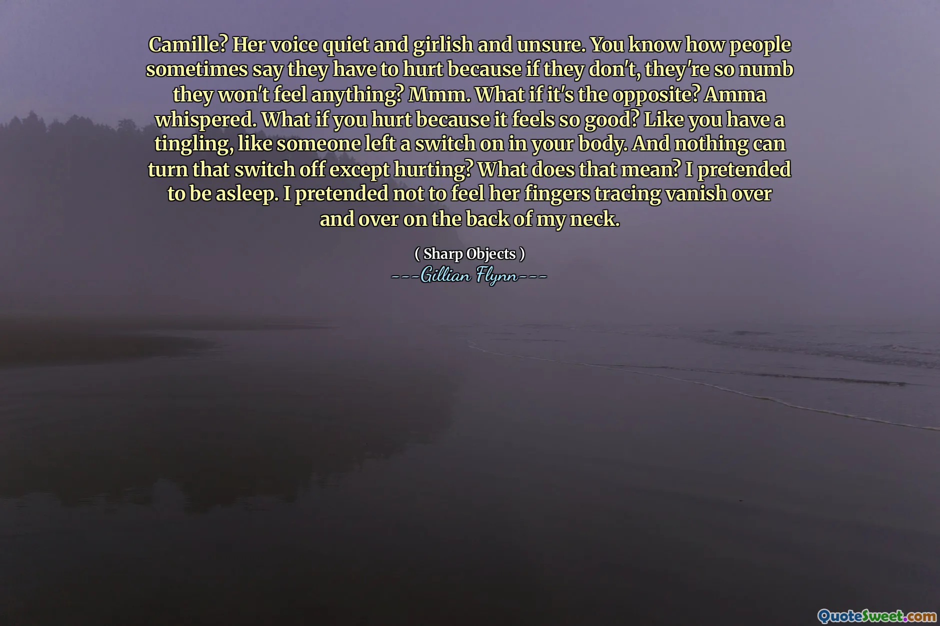 Camille? Her voice quiet and girlish and unsure. You know how people sometimes say they have to hurt because if they don't, they're so numb they won't feel anything? Mmm. What if it's the opposite? Amma whispered. What if you hurt because it feels so good? Like you have a tingling, like someone left a switch on in your body. And nothing can turn that switch off except hurting? What does that mean? I pretended to be asleep. I pretended not to feel her fingers tracing vanish over and over on the back of my neck.