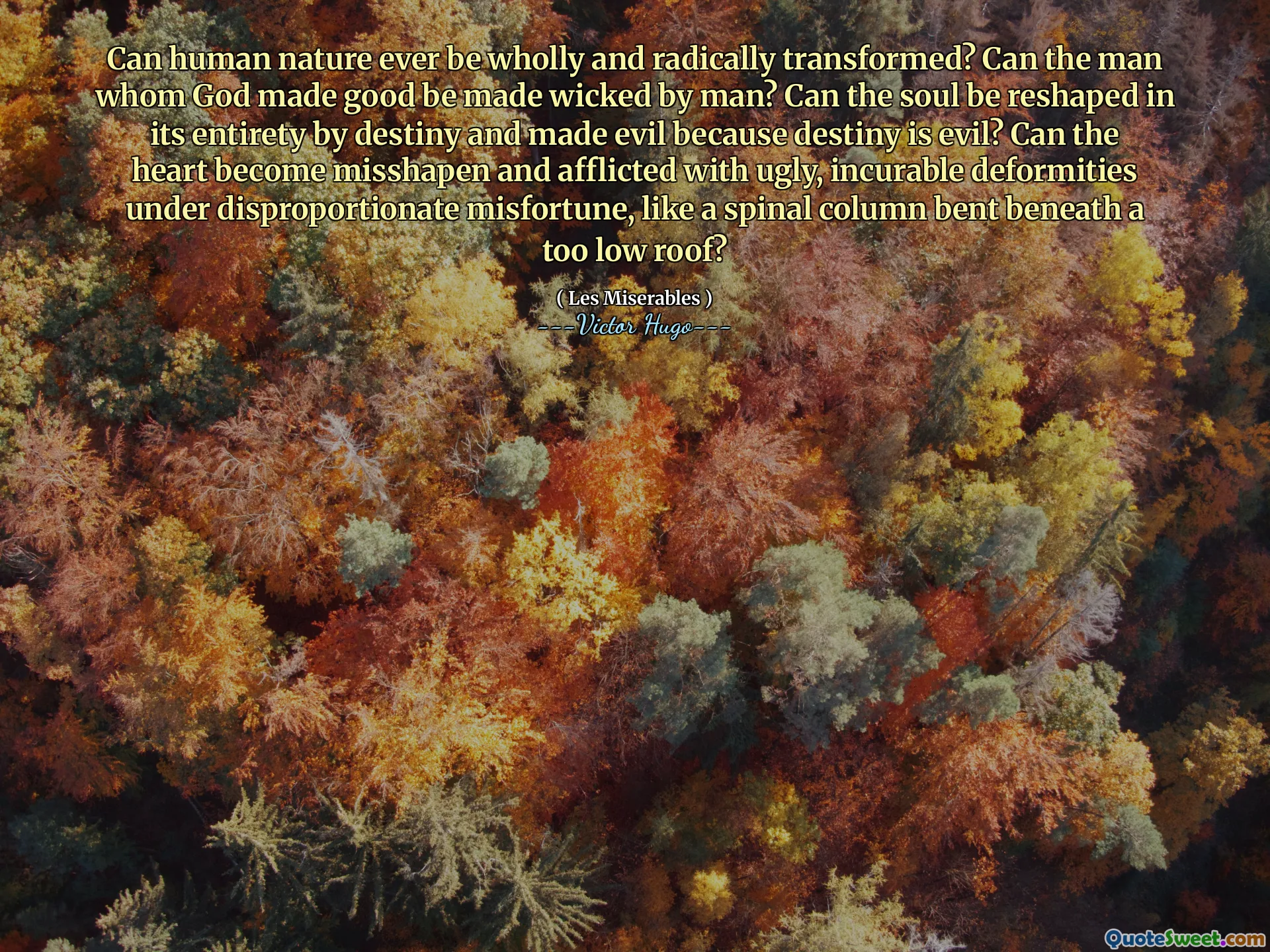 Can human nature ever be wholly and radically transformed? Can the man whom God made good be made wicked by man? Can the soul be reshaped in its entirety by destiny and made evil because destiny is evil? Can the heart become misshapen and afflicted with ugly, incurable deformities under disproportionate misfortune, like a spinal column bent beneath a too low roof?