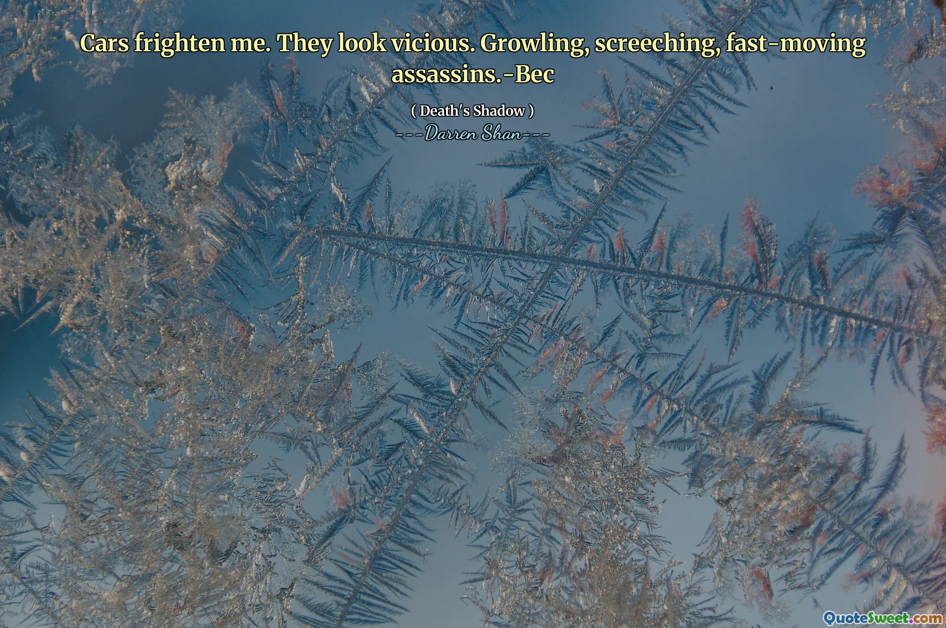 Cars frighten me. They look vicious. Growling, screeching, fast-moving assassins.-Bec