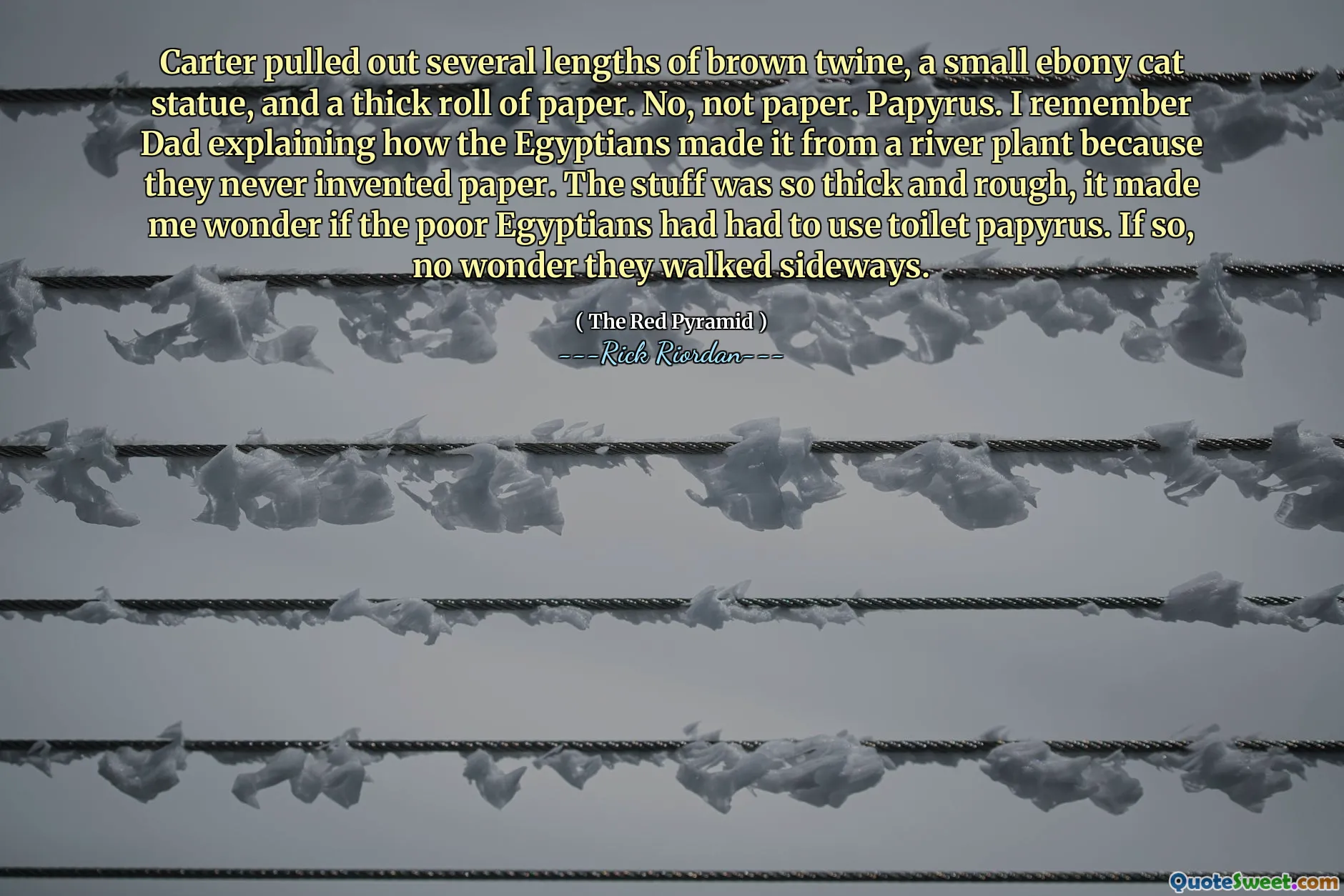 Carter pulled out several lengths of brown twine, a small ebony cat statue, and a thick roll of paper. No, not paper. Papyrus. I remember Dad explaining how the Egyptians made it from a river plant because they never invented paper. The stuff was so thick and rough, it made me wonder if the poor Egyptians had had to use toilet papyrus. If so, no wonder they walked sideways.