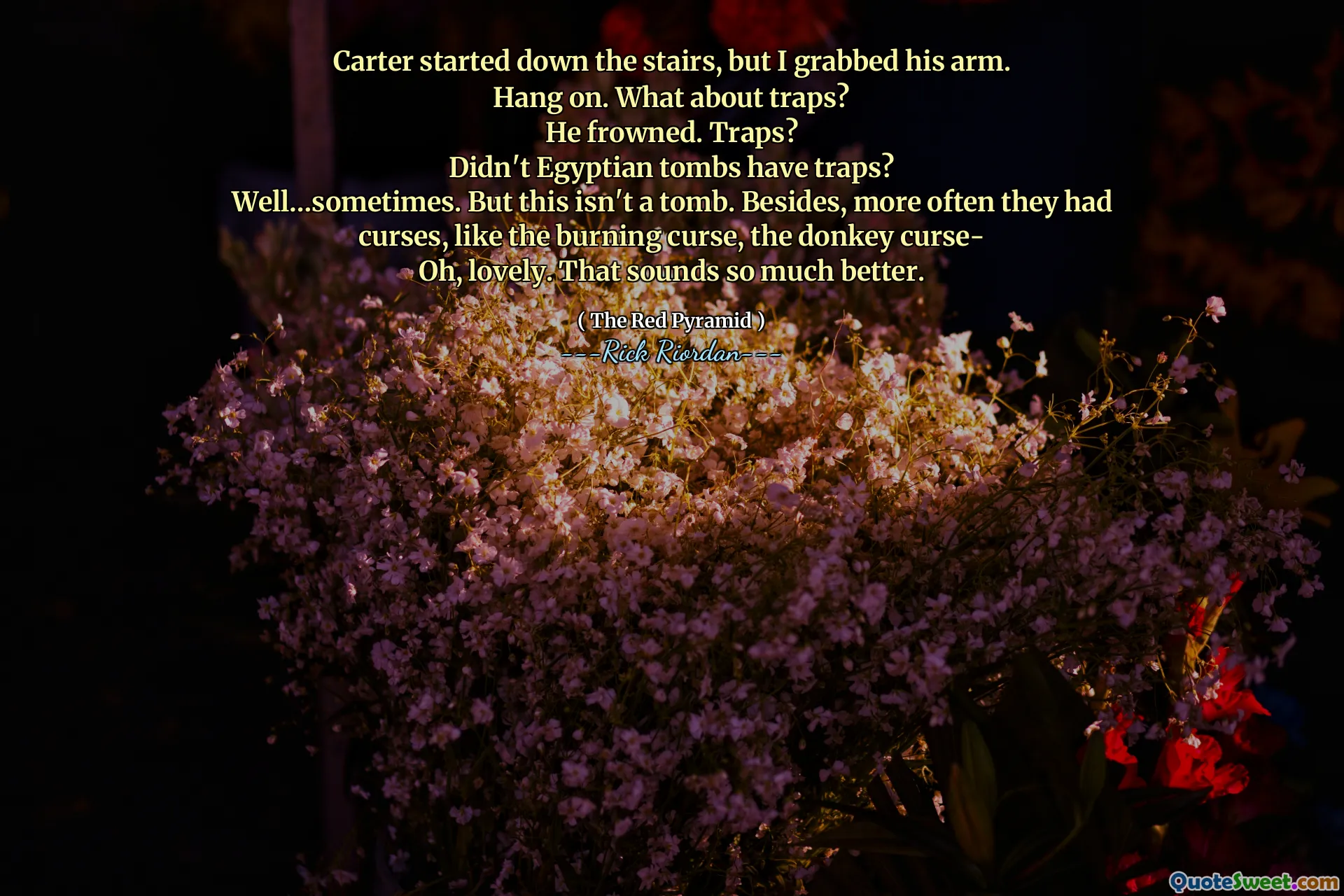 Carter started down the stairs, but I grabbed his arm.
Hang on. What about traps?
He frowned. Traps?
Didn't Egyptian tombs have traps?
Well…sometimes. But this isn't a tomb. Besides, more often they had curses, like the burning curse, the donkey curse-
Oh, lovely. That sounds so much better.