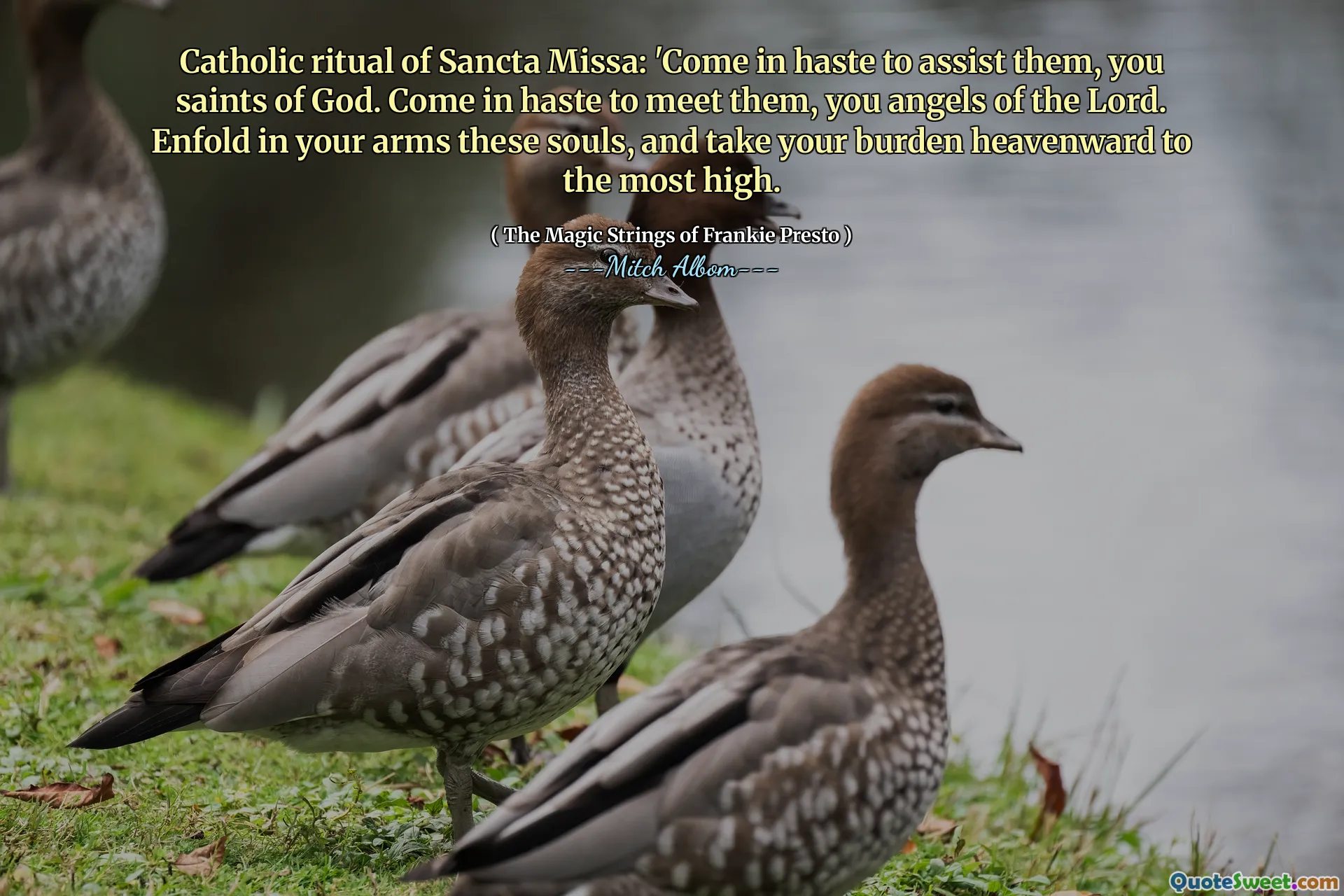 طقوس كاثوليكية لانكتا ميسا: "تعال على عجل لمساعدتهم ، أنت القديسين من الله. تعال على عجل لمقابلتهم ، أنت ملائكة الرب. enfold بين ذراعيك هذه النفوس ، وخذ عبء السماء الخاص بك إلى أعلى مستوى.