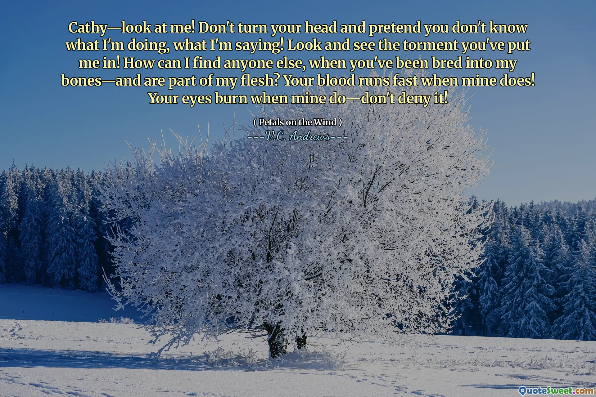 Cathy—look at me! Don't turn your head and pretend you don't know what I'm doing, what I'm saying! Look and see the torment you've put me in! How can I find anyone else, when you've been bred into my bones—and are part of my flesh? Your blood runs fast when mine does! Your eyes burn when mine do—don't deny it!