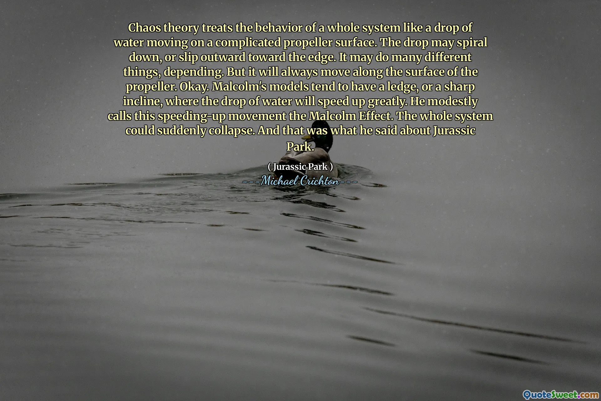 Kaos teori behandlar beteendet hos ett helt system som en droppe vatten som rör sig på en komplicerad propelleryta. Droppen kan spiral ner eller glida utåt mot kanten. Det kan göra många olika saker, beroende på. Men det kommer alltid att röra sig längs propellens yta. Okej. Malcolms modeller tenderar att ha en avsats, eller en skarp lutning, där droppen vatten kommer att påskynda kraftigt. Han kallar måttligt denna snabba rörelse Malcolm-effekten. Hela systemet kunde plötsligt kollapsa. Och det var vad han sa om Jurassic Park.